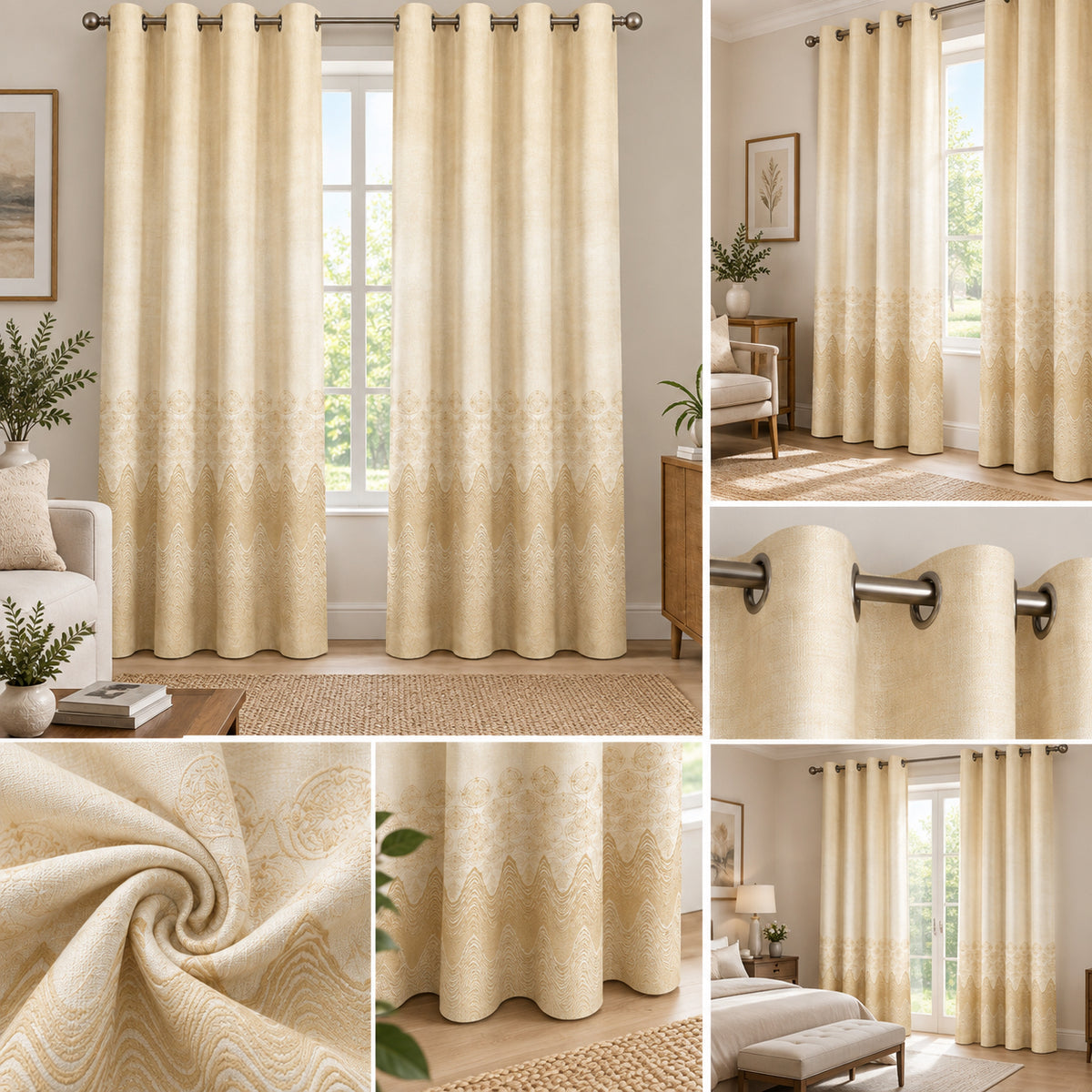 GOLDEN BEIGE PRINTED ROOM DARKENING CURTAIN
