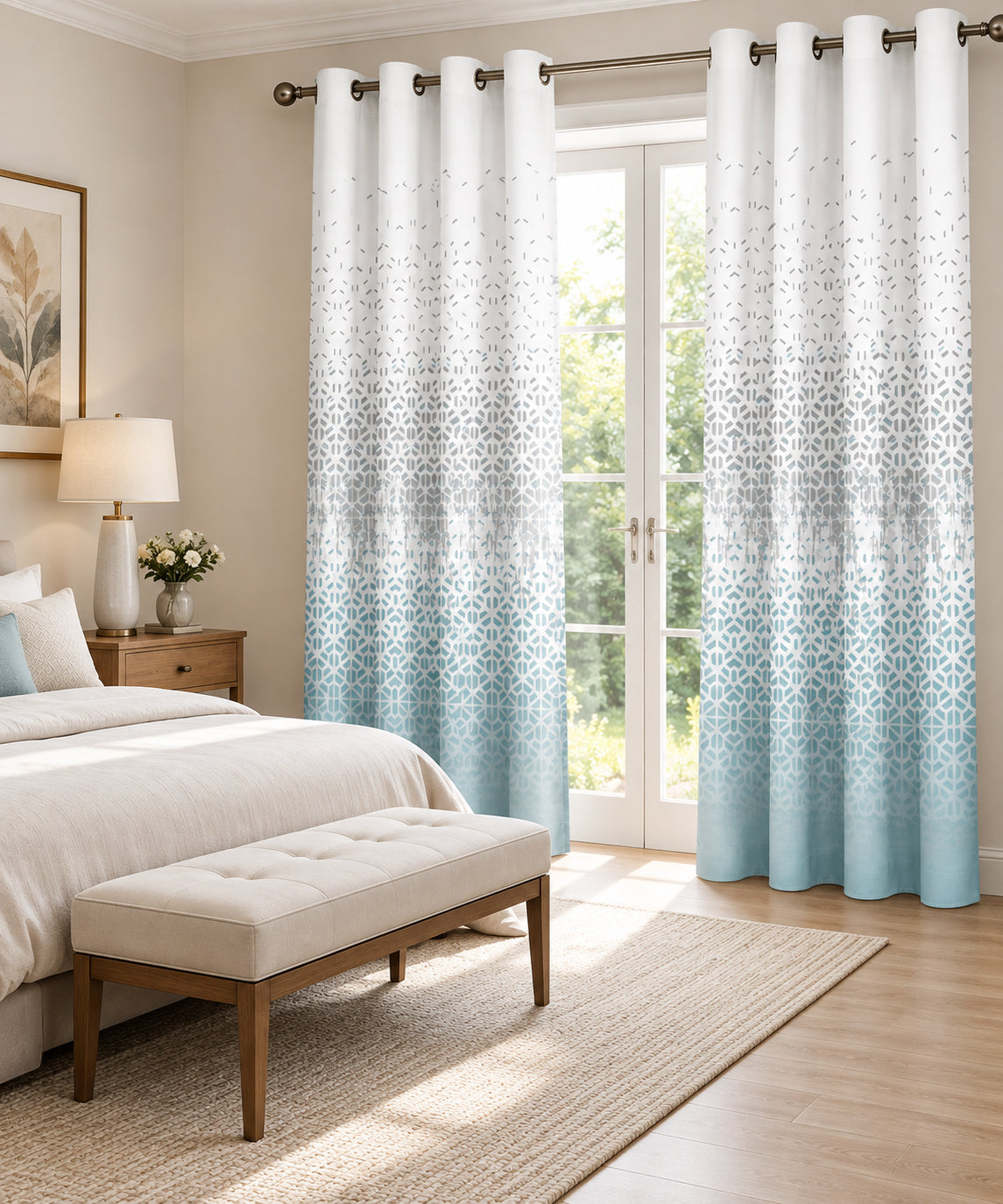 ICE BLUE GEOMETRIC PRINTED ROOM DARKENING CURTAIN