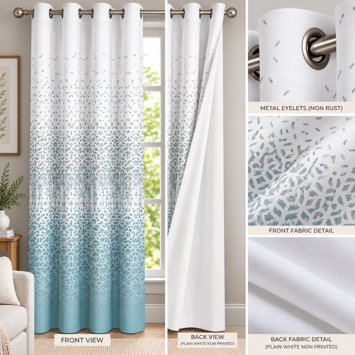 ICE BLUE GEOMETRIC PRINTED ROOM DARKENING CURTAIN