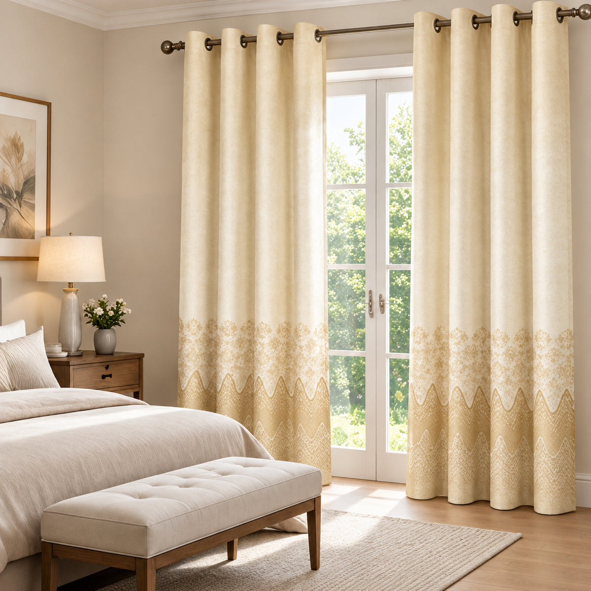 GOLDEN BEIGE PRINTED ROOM DARKENING CURTAIN