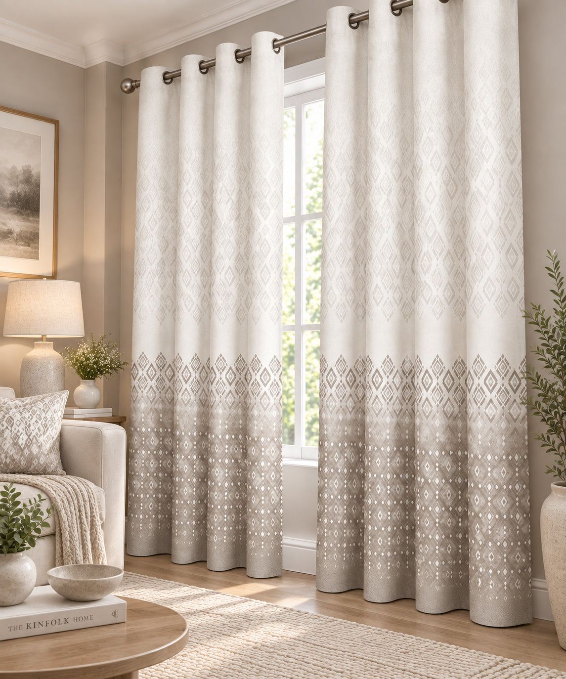 BEIGE DIAMOND PRINTED ROOM DARKENING CURTAIN
