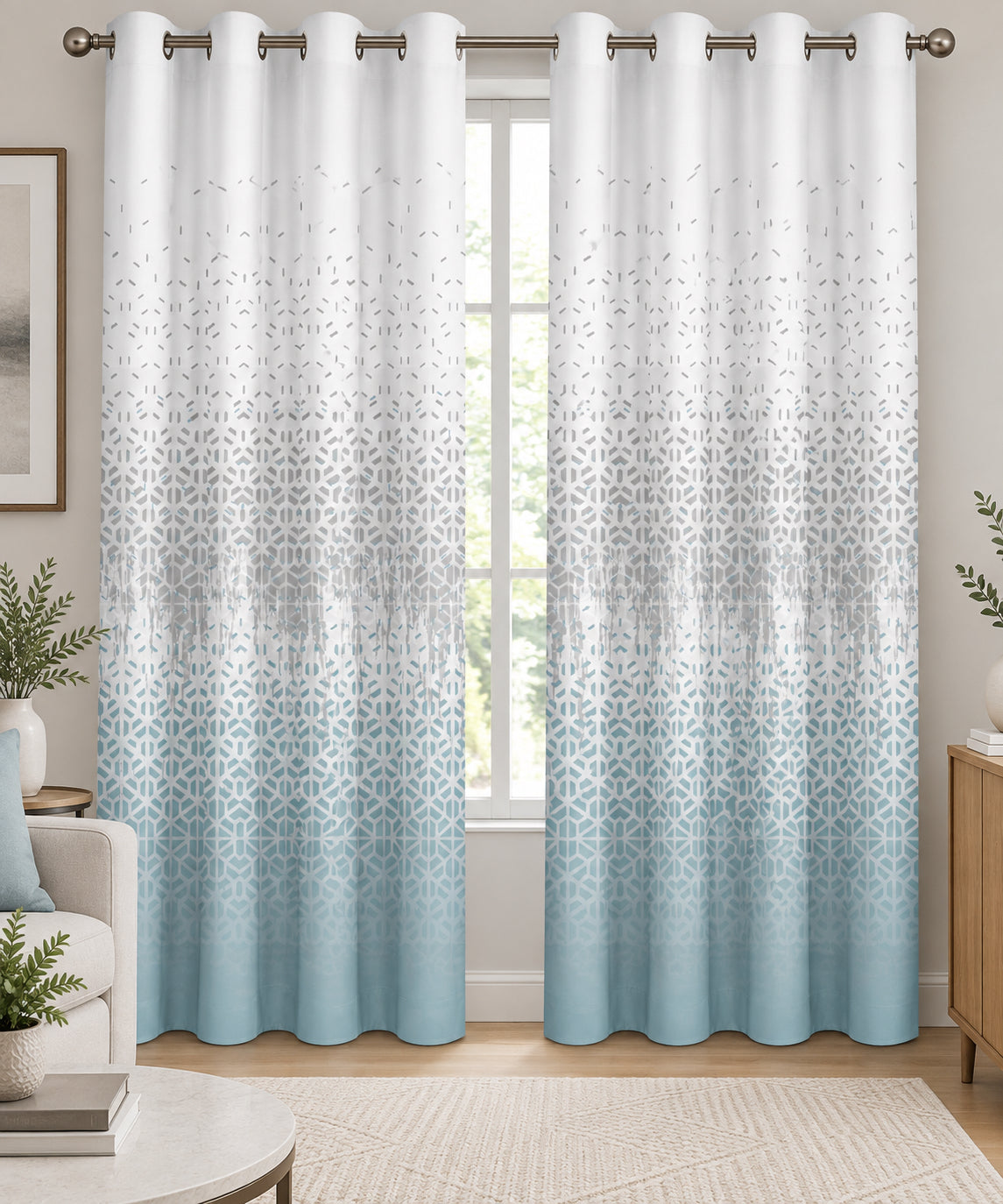 ICE BLUE GEOMETRIC PRINTED ROOM DARKENING CURTAIN