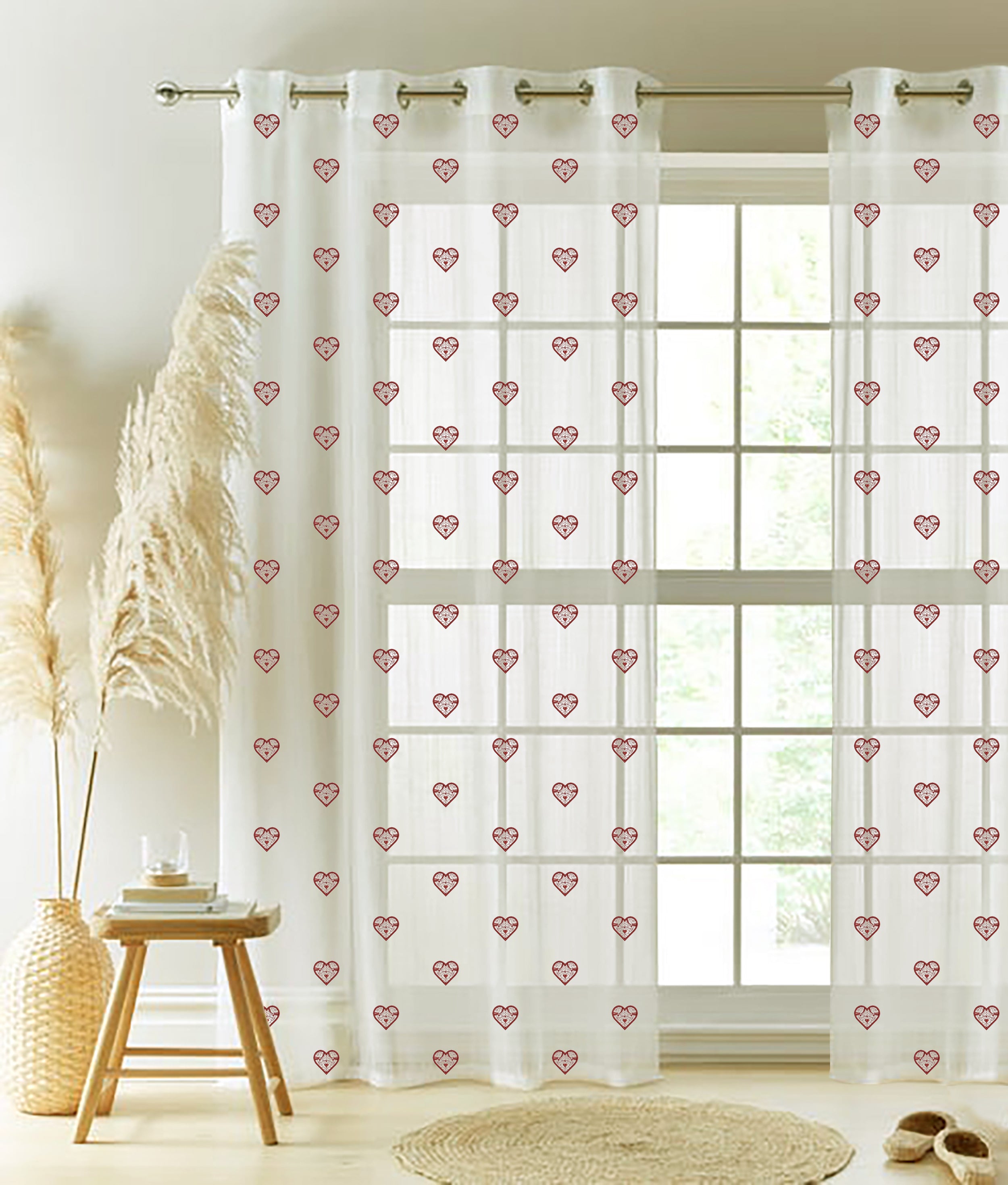HEARTS RED SHEER CURTAIN