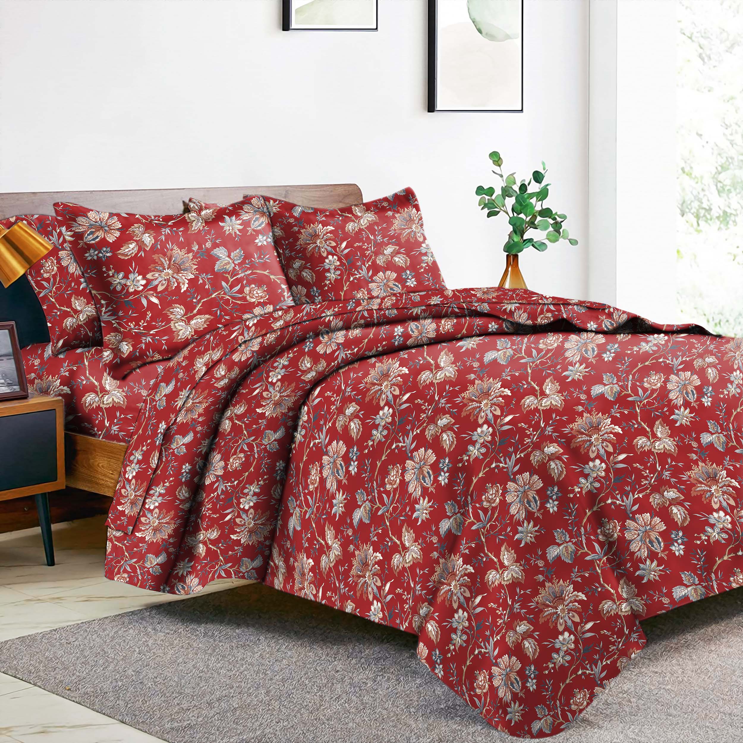 Andaman Red Bedsheet for Double Bed with 2 PillowCovers King Size (104" X 90")