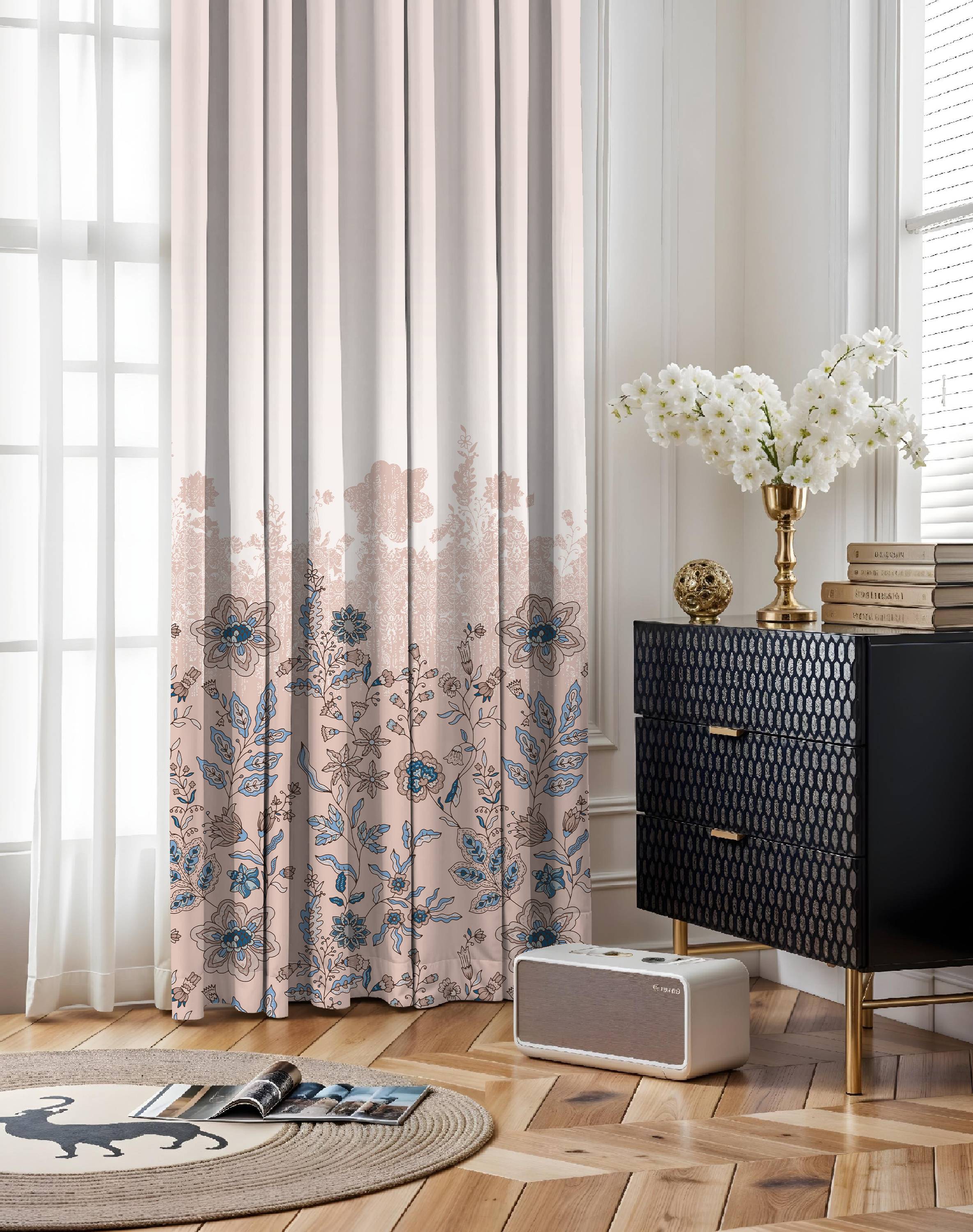 ELARA ROSE BEIGE PRINTED ROOM DARKENING CURTAIN