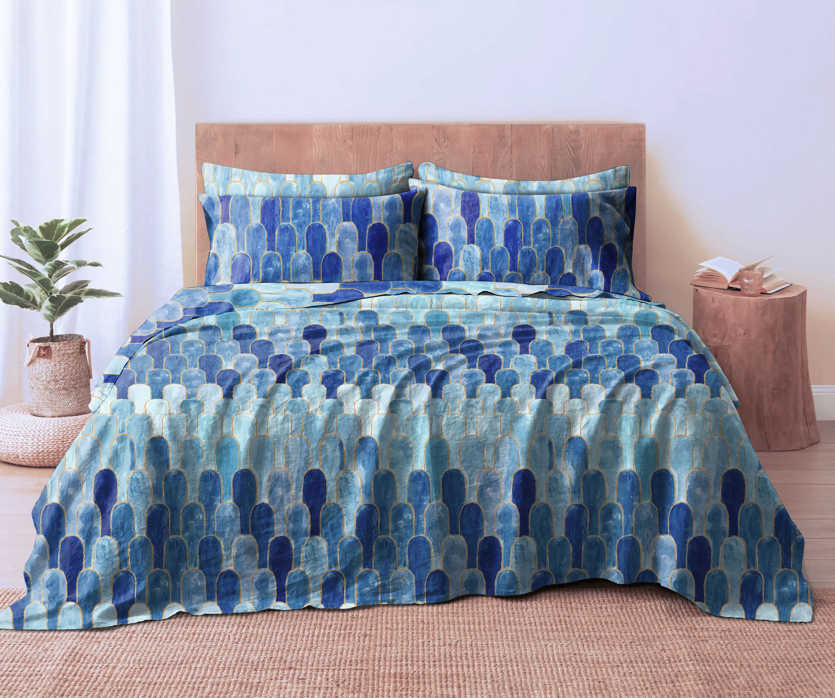 NICOBAR ROYALBLUE BEDCOVER FOR DOUBLE BED WITH 2 PILLOWCOVERS KING SIZE (104" X 90")