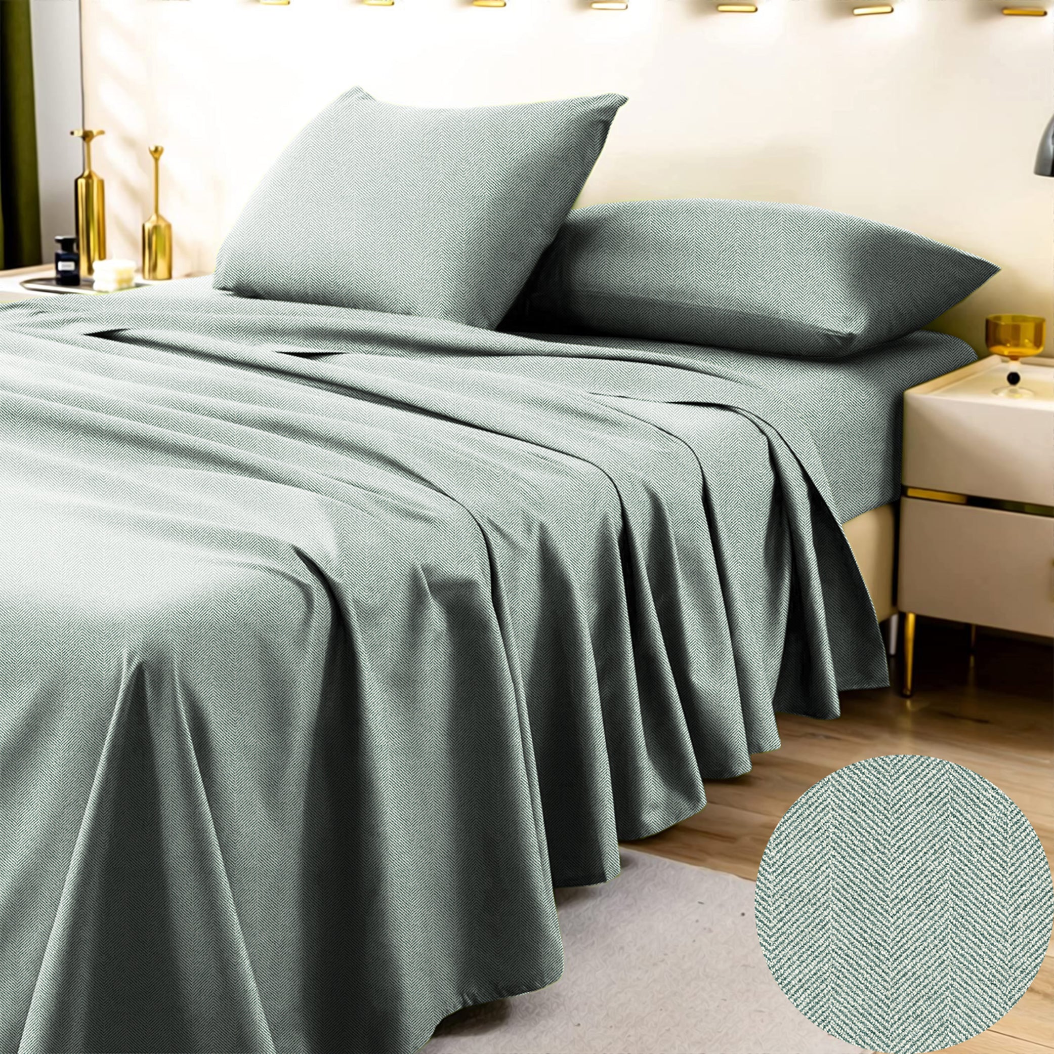Herringbone  Sea Green Bedcover for Double Bed with 2 PillowCovers King Size (104" X 90")