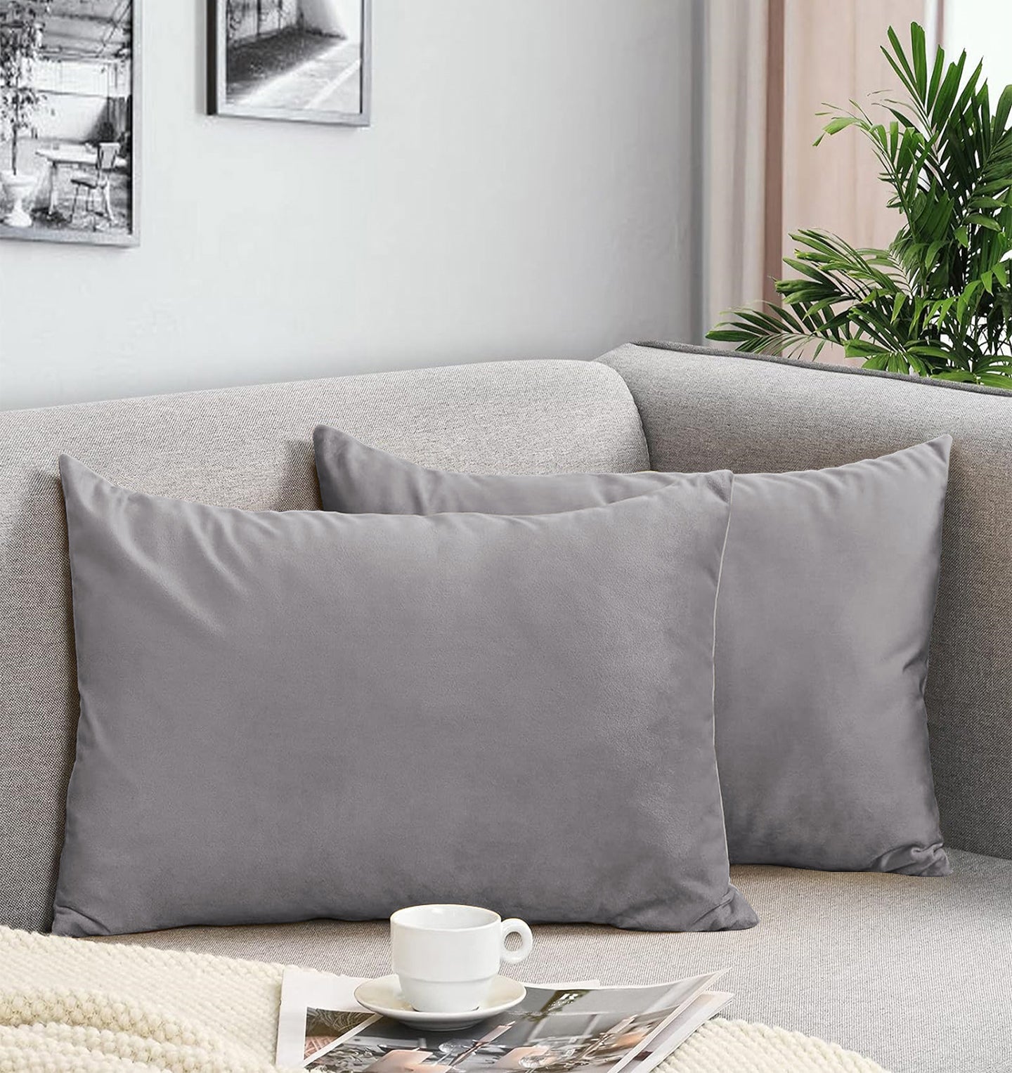 CASABLEU VELVET RECTANGULAR CUSHION COVER THROW PILLOW COVER FOR LIVING ROOM COUCH SINGLE SOFA, COLOURFUL MODERN 12 X 18 INCHES / 30 X 45 CM (COLOUR - SILVER (Pack of 2)