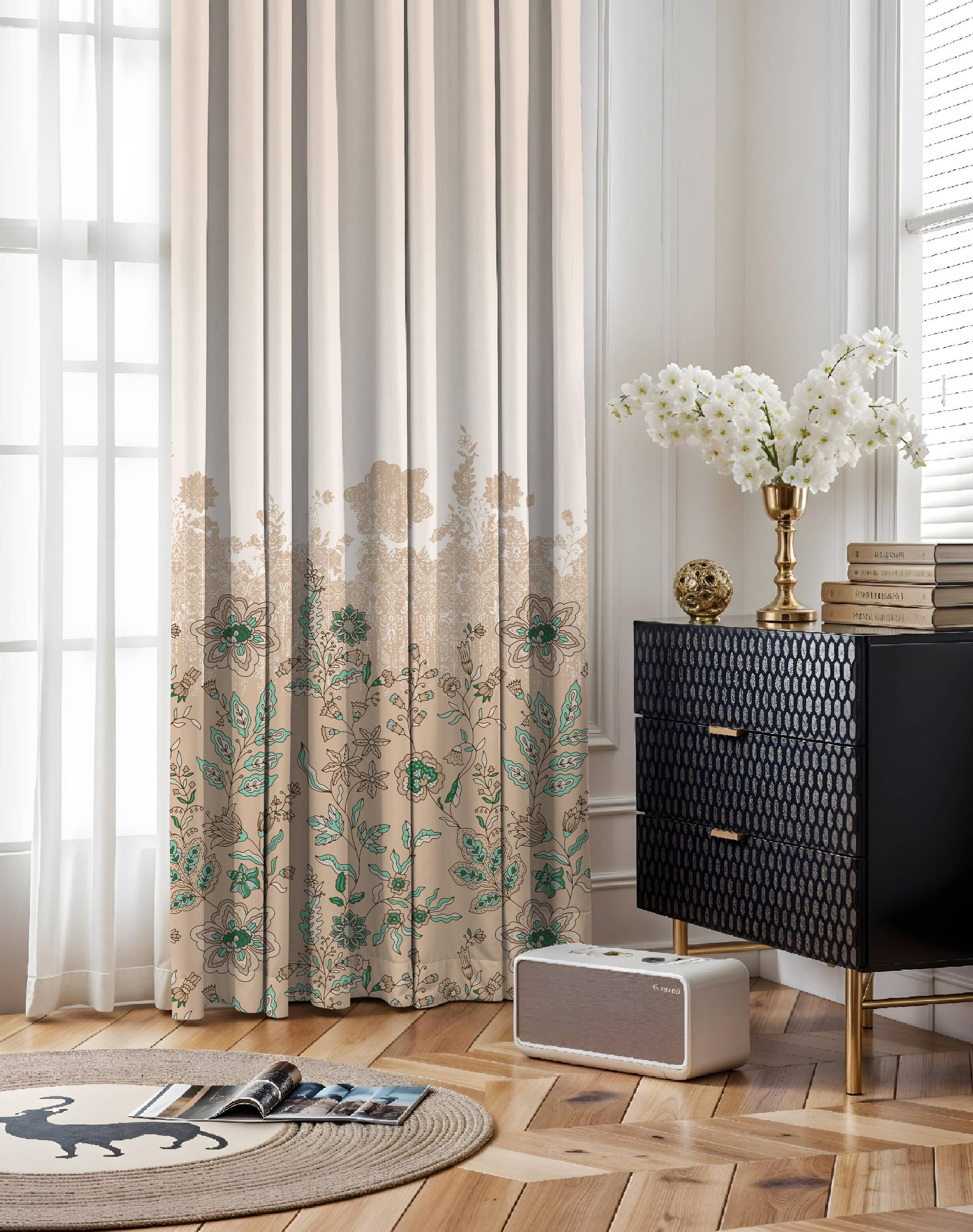 ELARA SAND BEIGE PRINTED ROOM DARKENING CURTAIN