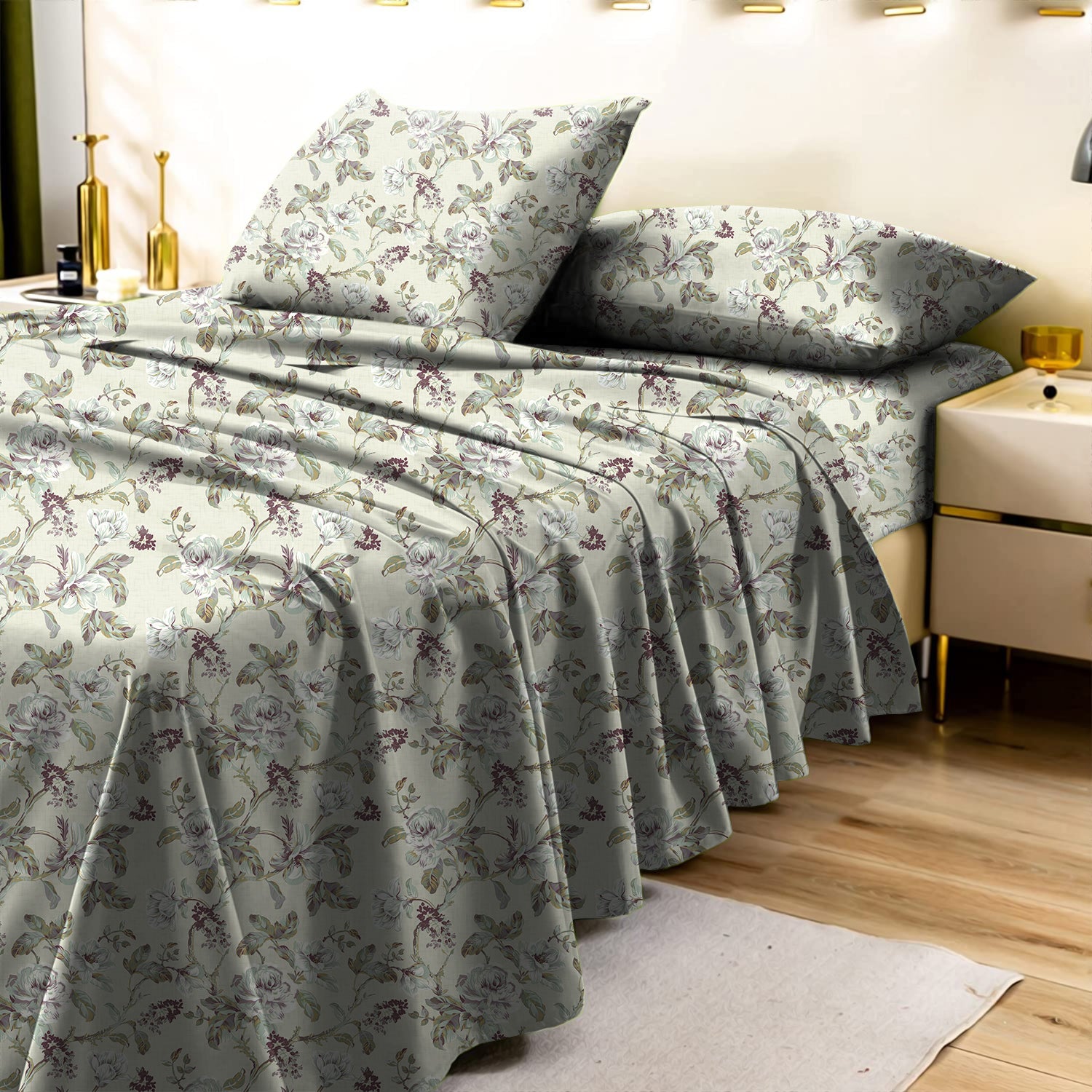 Woodland Birds Sea green Pink Bedcover for Double Bed with 2 PillowCovers King Size (104" X 90")