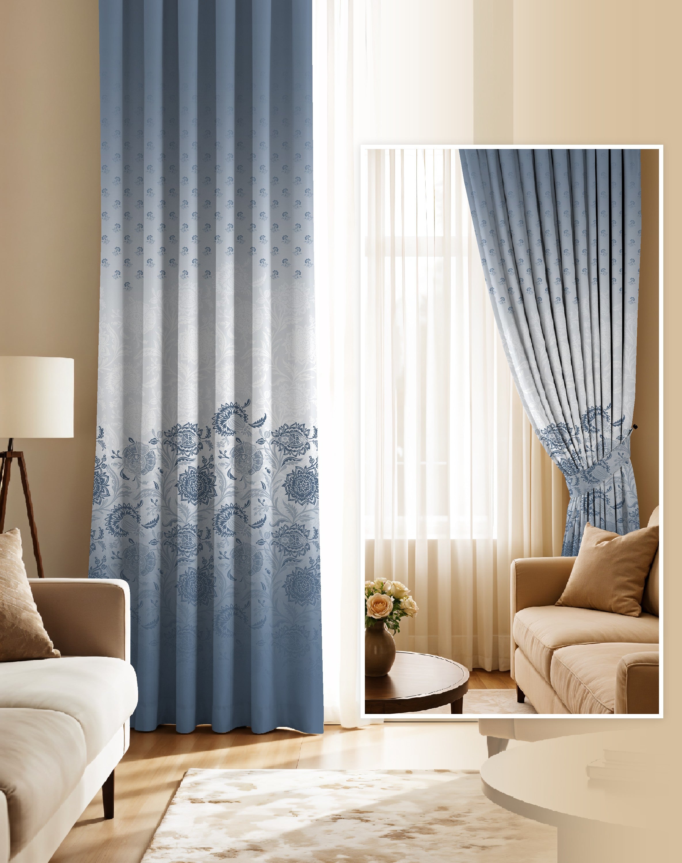 BOTANICA STEEL BLUE PRINTED ROOM DARKENING CURTAIN