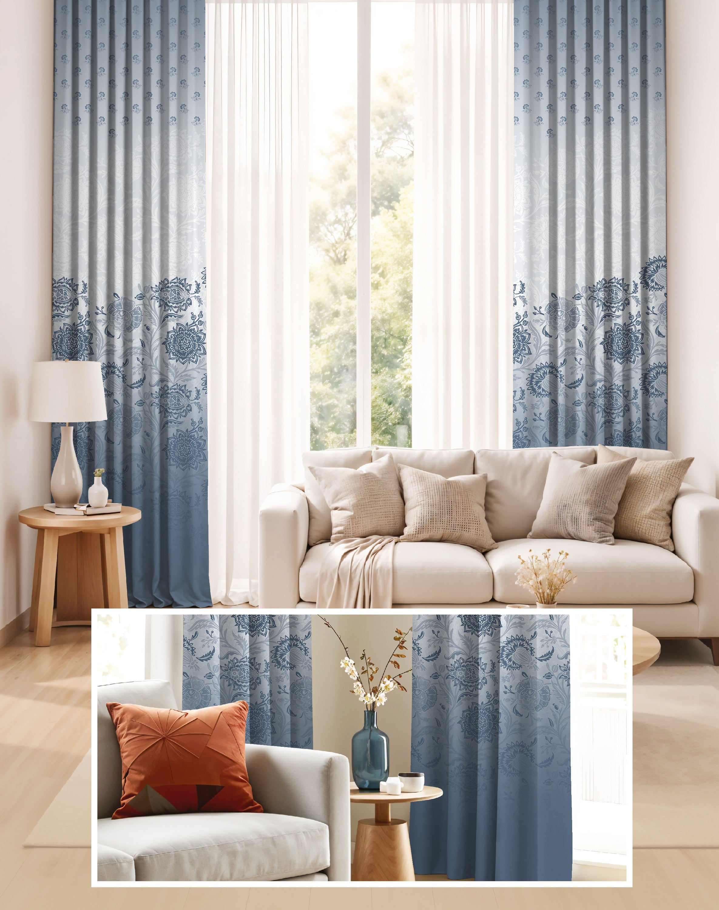 BOTANICA STEEL BLUE PRINTED ROOM DARKENING CURTAIN