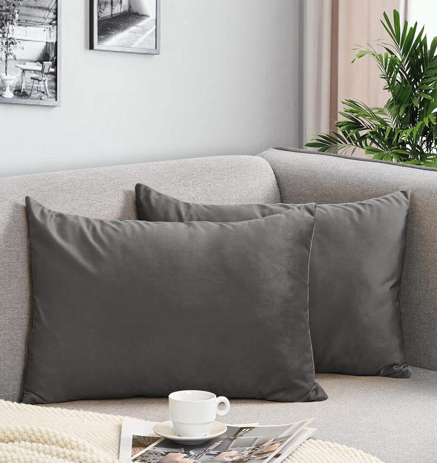 CASABLEU VELVET RECTANGULAR CUSHION COVER THROW PILLOW COVER FOR LIVING ROOM COUCH SINGLE SOFA, COLOURFUL MODERN 12 X 18 INCHES / 30 X 45 CM (COLOUR - TEX GREY) (Pack of 2)