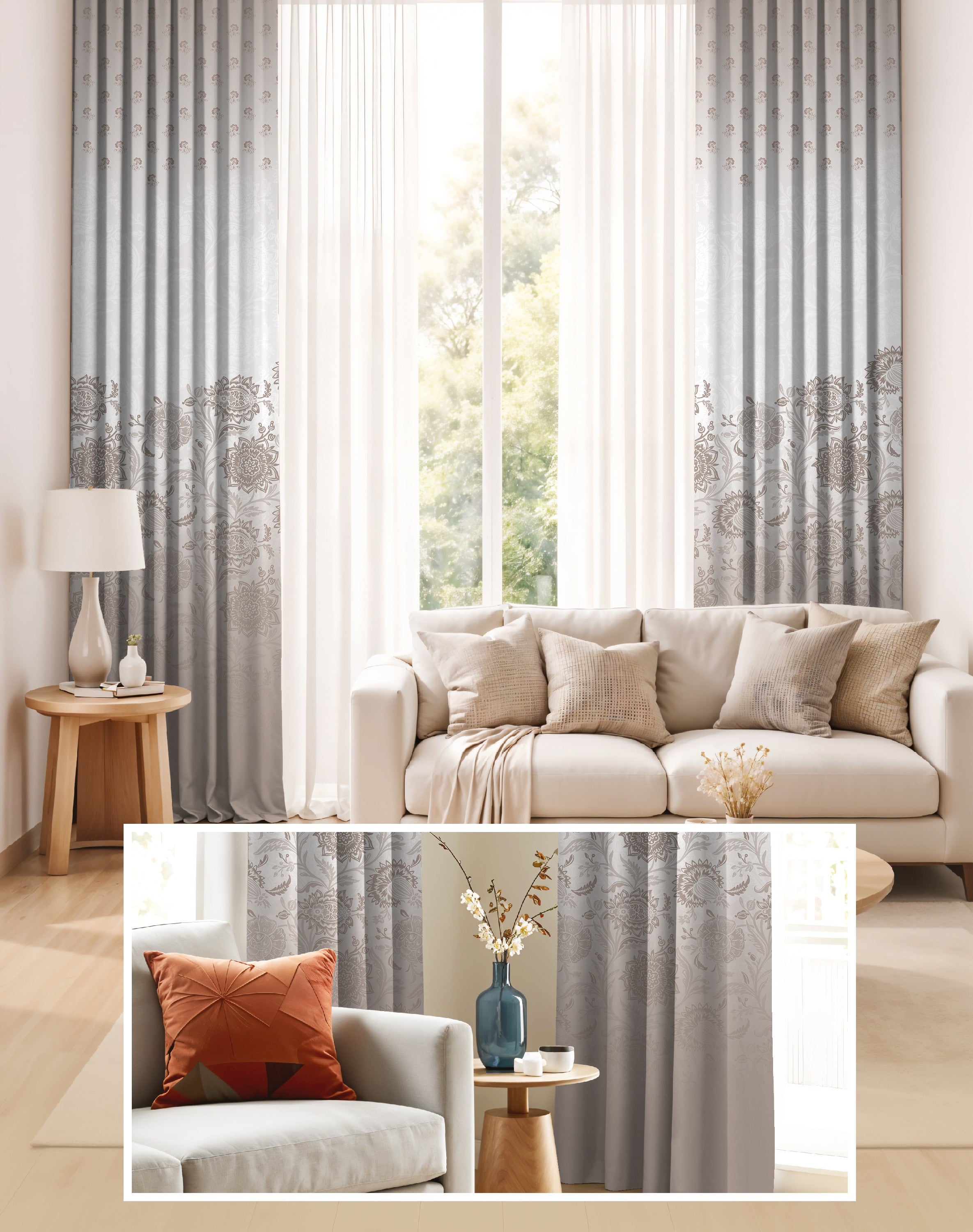 BOTANICA TAUPE PRINTED ROOM DARKENING CURTAIN