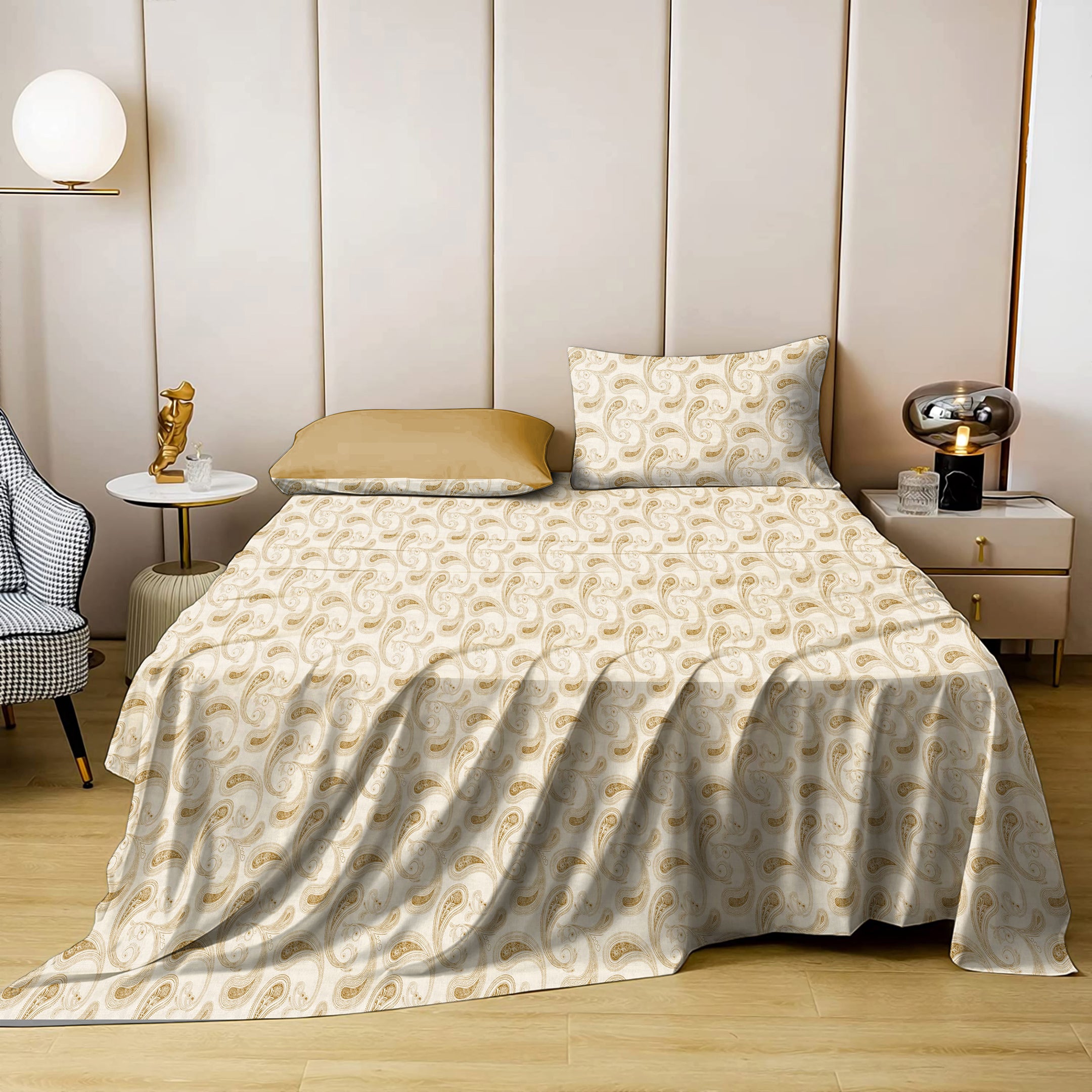 Jodhpur Paisley Bedsheet for Double Bed with 2 PillowCovers King Size (104" X 90") Yellow