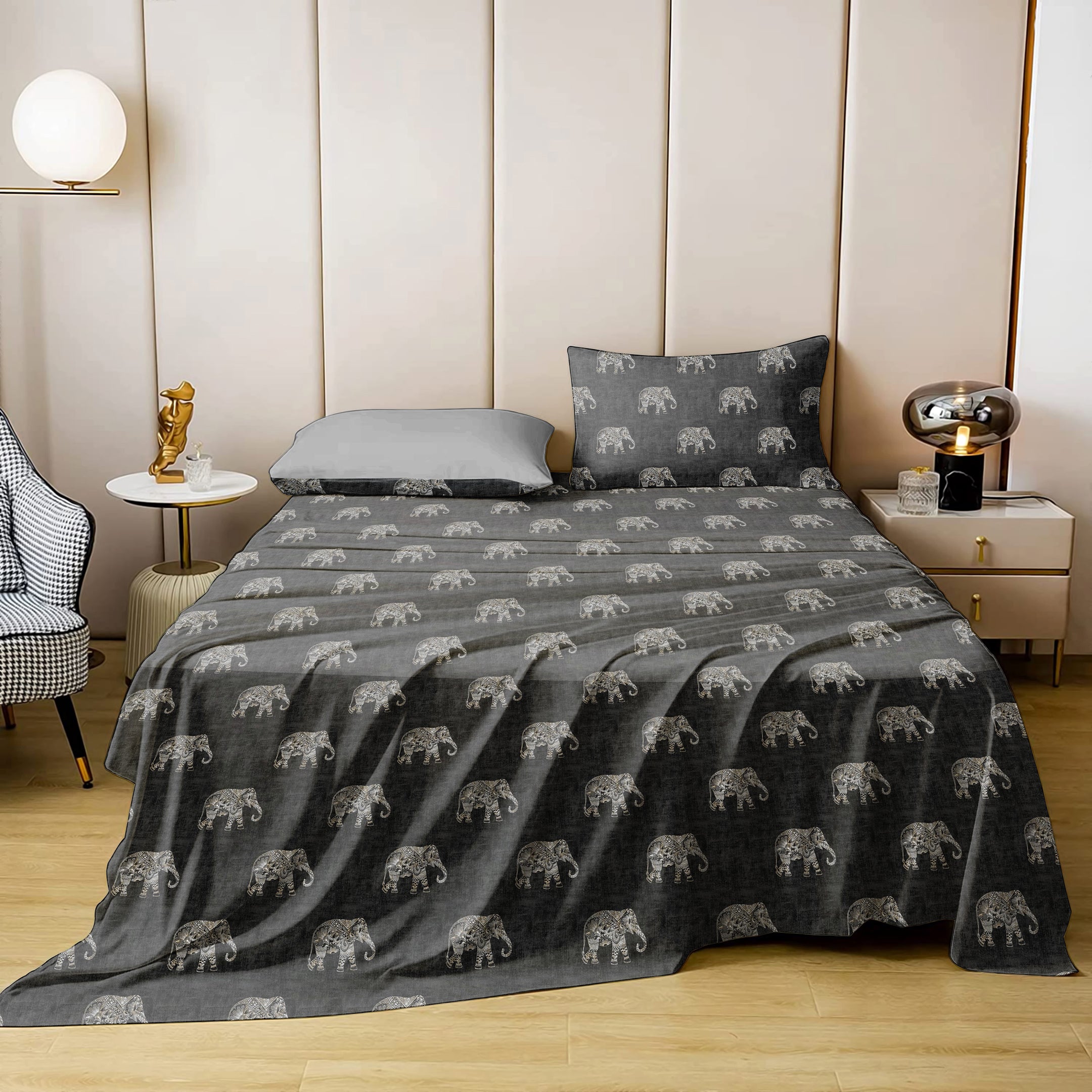 Jodhpur Elephant Bedsheet for Double Bed with 2 PillowCovers King Size (104" X 90") Black