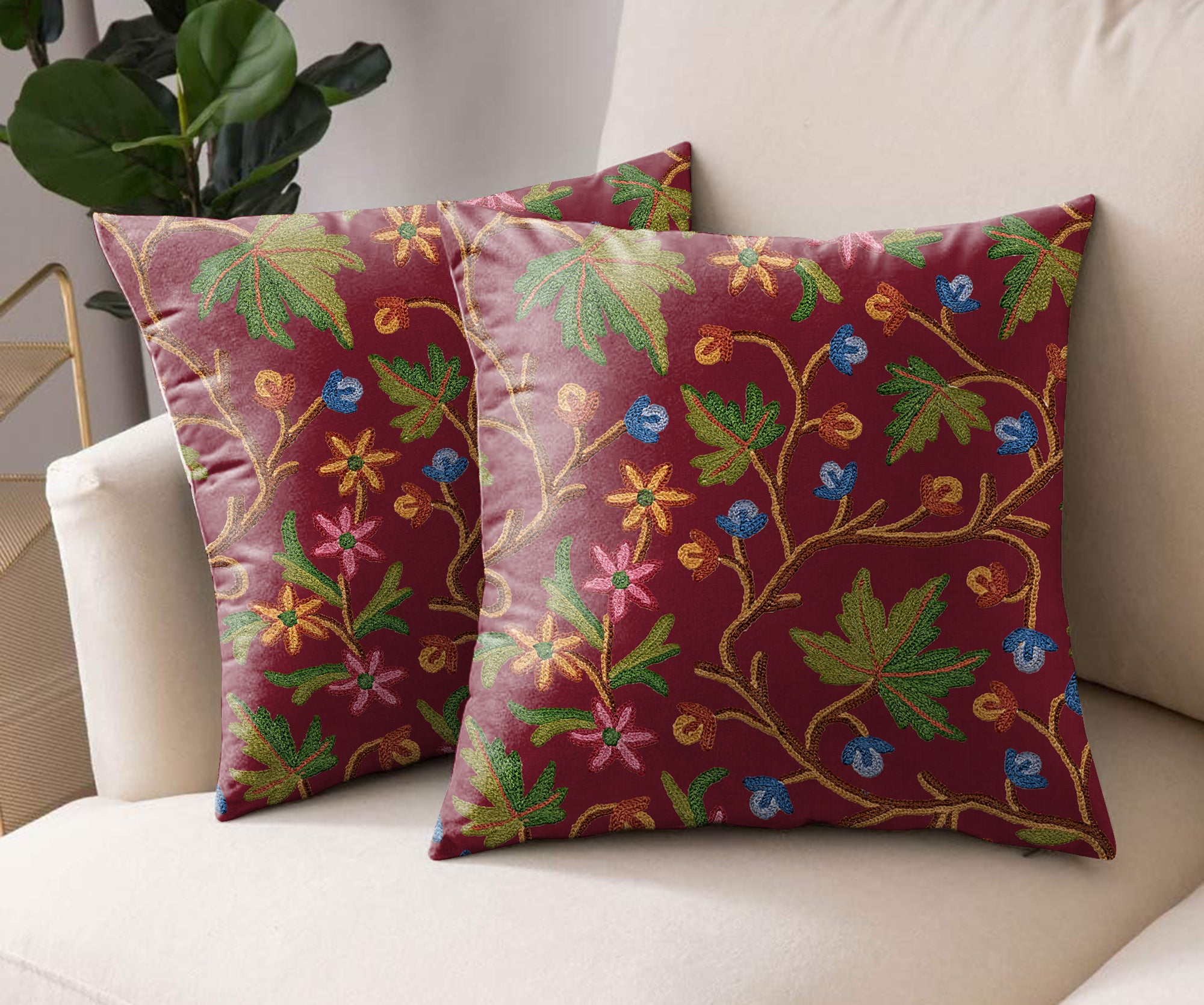 VAROSKI KASHMIRI WINE DIGITAL PRINTED CUSHION COVER (Pack of 2)