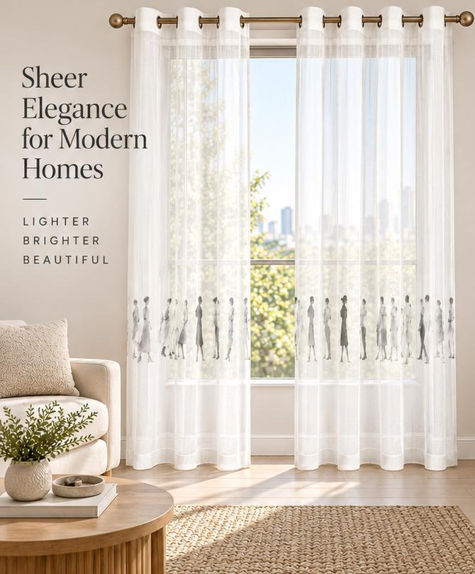 TOFINO WHITE LINEN PRINTED SHEER CURTAIN