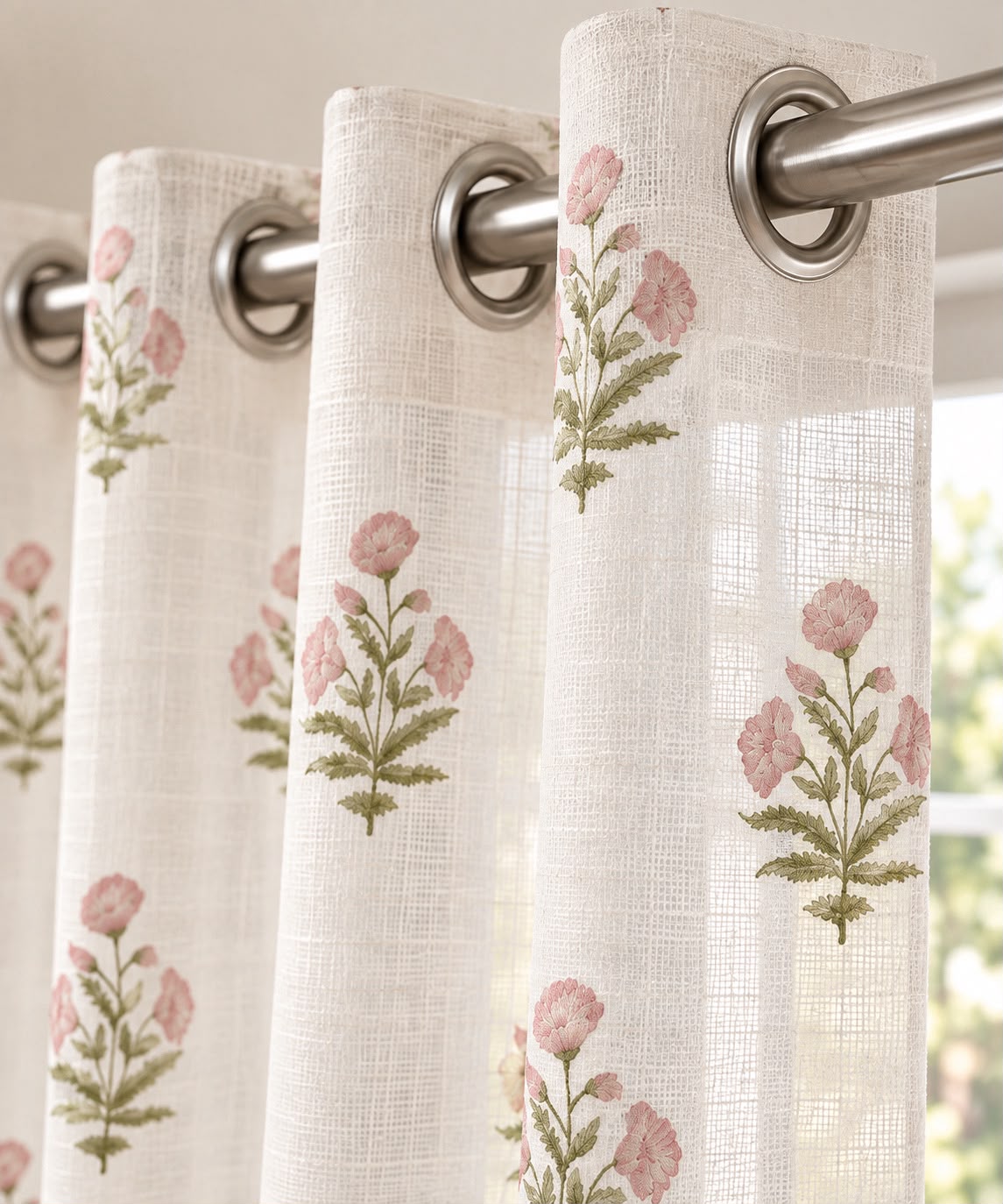 FENIM PINK LINEN PRINTED SHEER CURTAIN