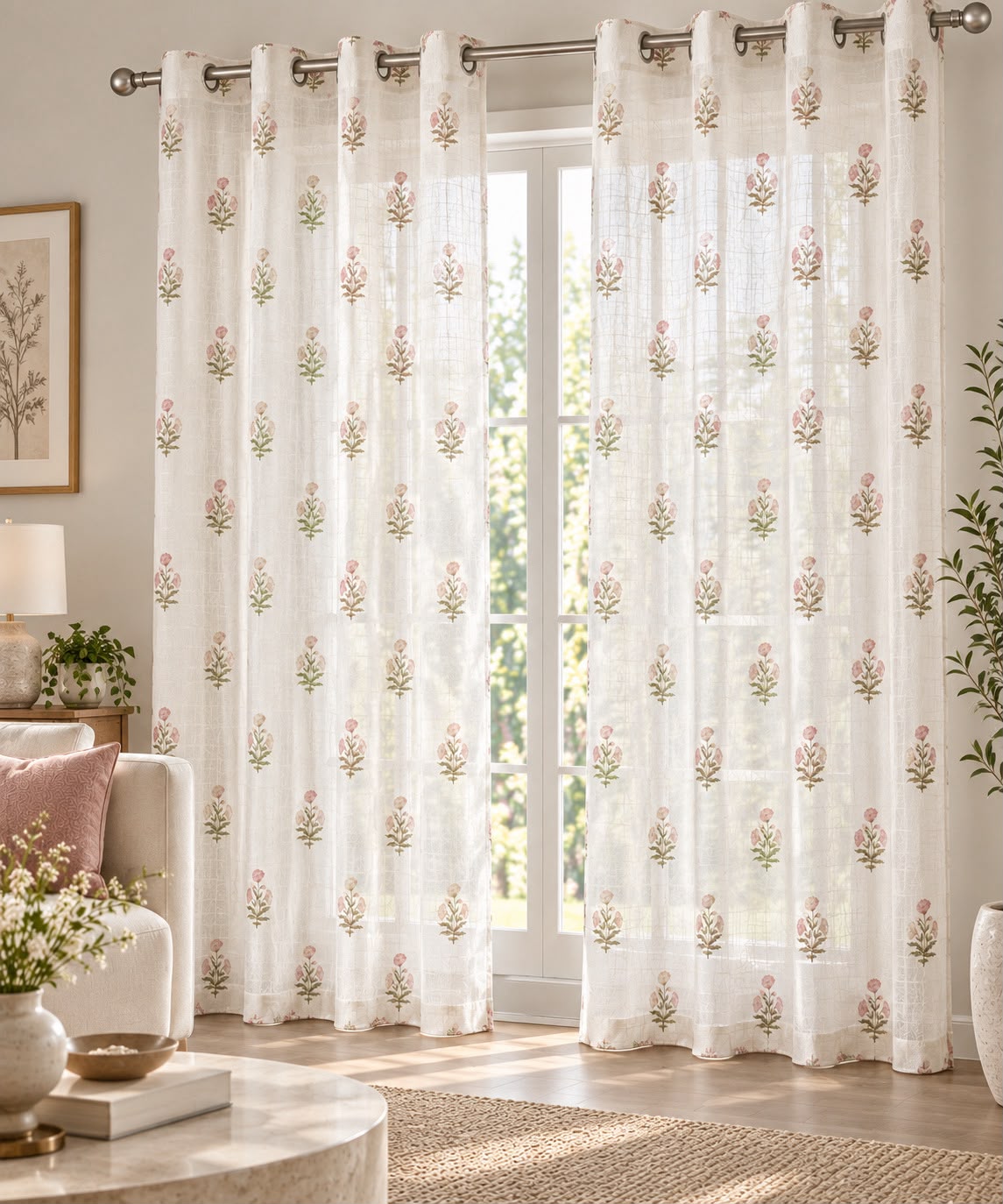 FENIM PINK LINEN PRINTED SHEER CURTAIN