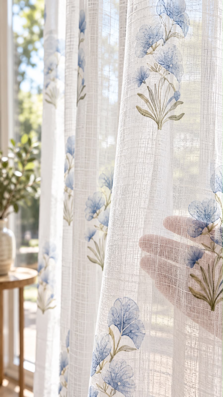 LUCAS BLUE LINEN PRINTED SHEER CURTAIN