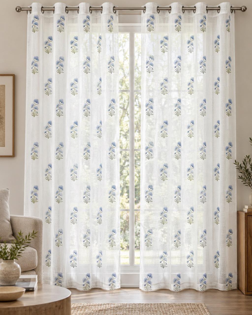 LUCAS BLUE LINEN PRINTED SHEER CURTAIN