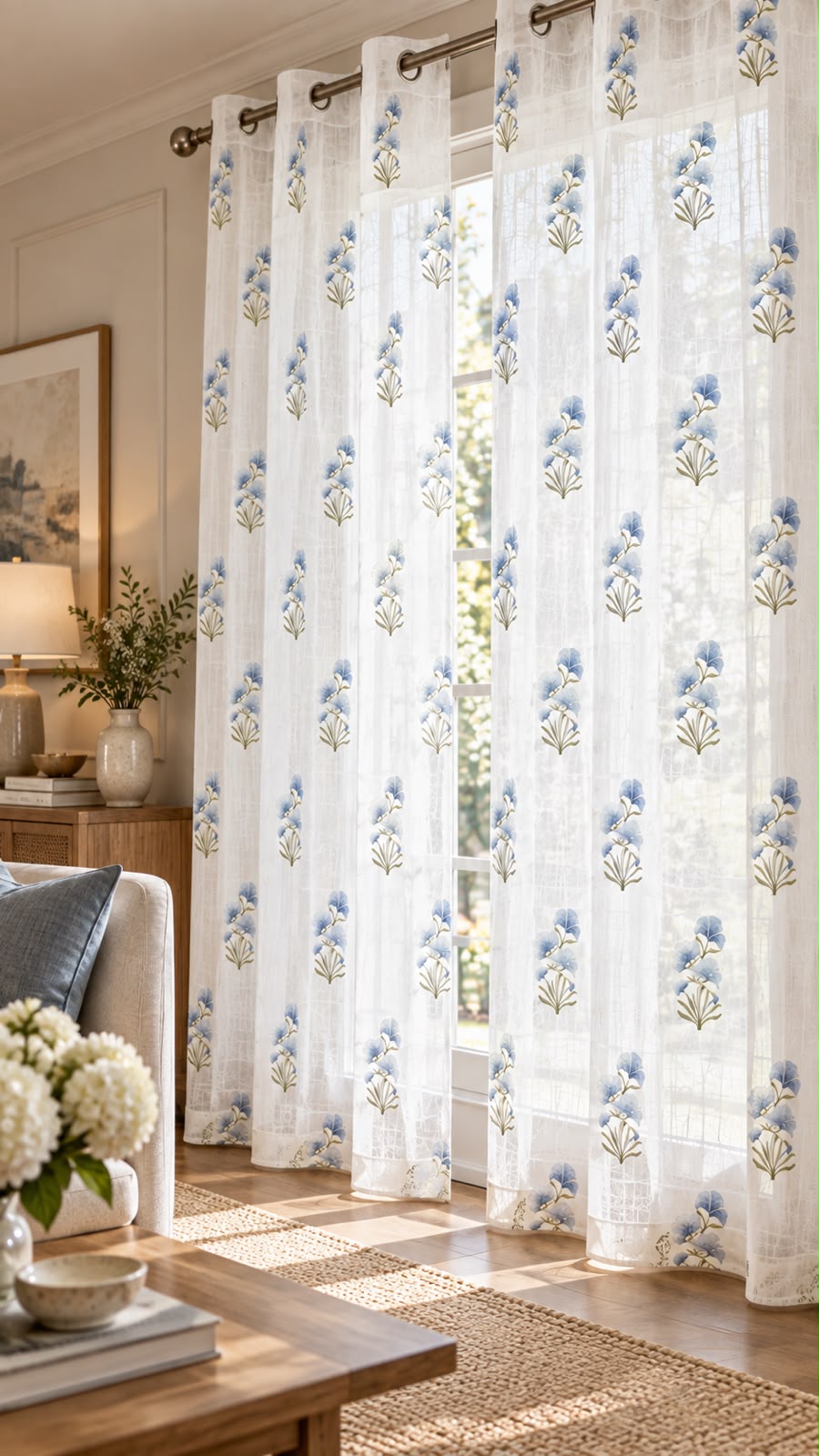 LUCAS BLUE LINEN PRINTED SHEER CURTAIN