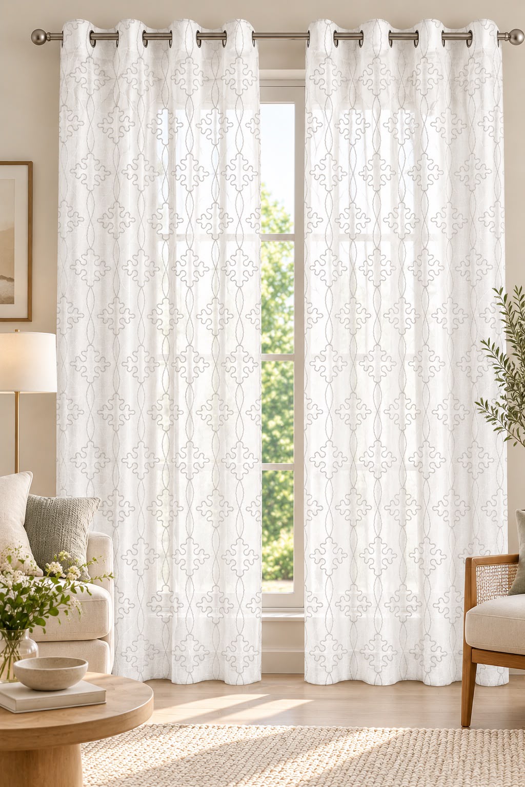 BLOOMY BEIGE EMBROIDERY SHEER CURTAIN