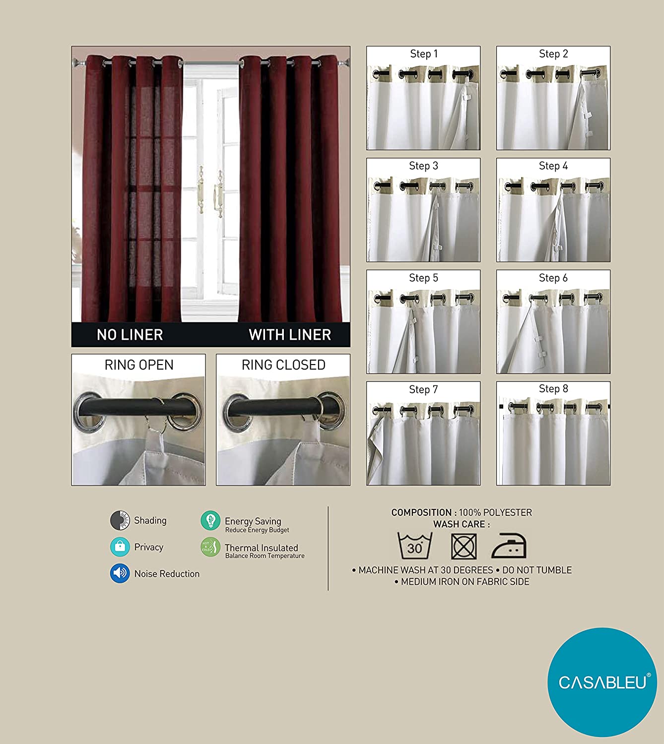 Casableu 2 Piece 100% Blackout Liner Curtain, Zerolight is A Liner Made by 100% Foam Blackout Fabric, Installed Behind Any Curtain to Make Your Room Completely Dark, Door & Window