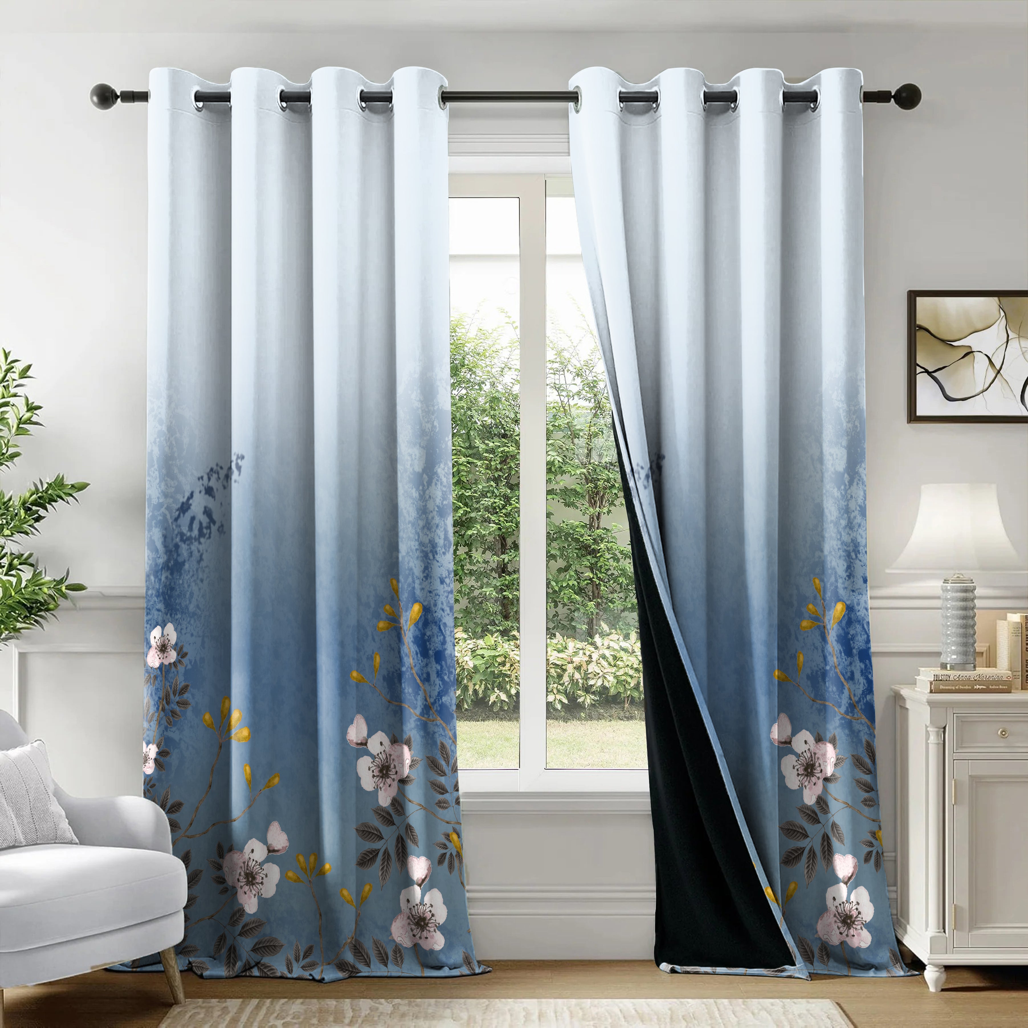 PALACE BLUE CURTAINS 100% BLACKOUT PRINTED FOR LIVING & BEDROOMS