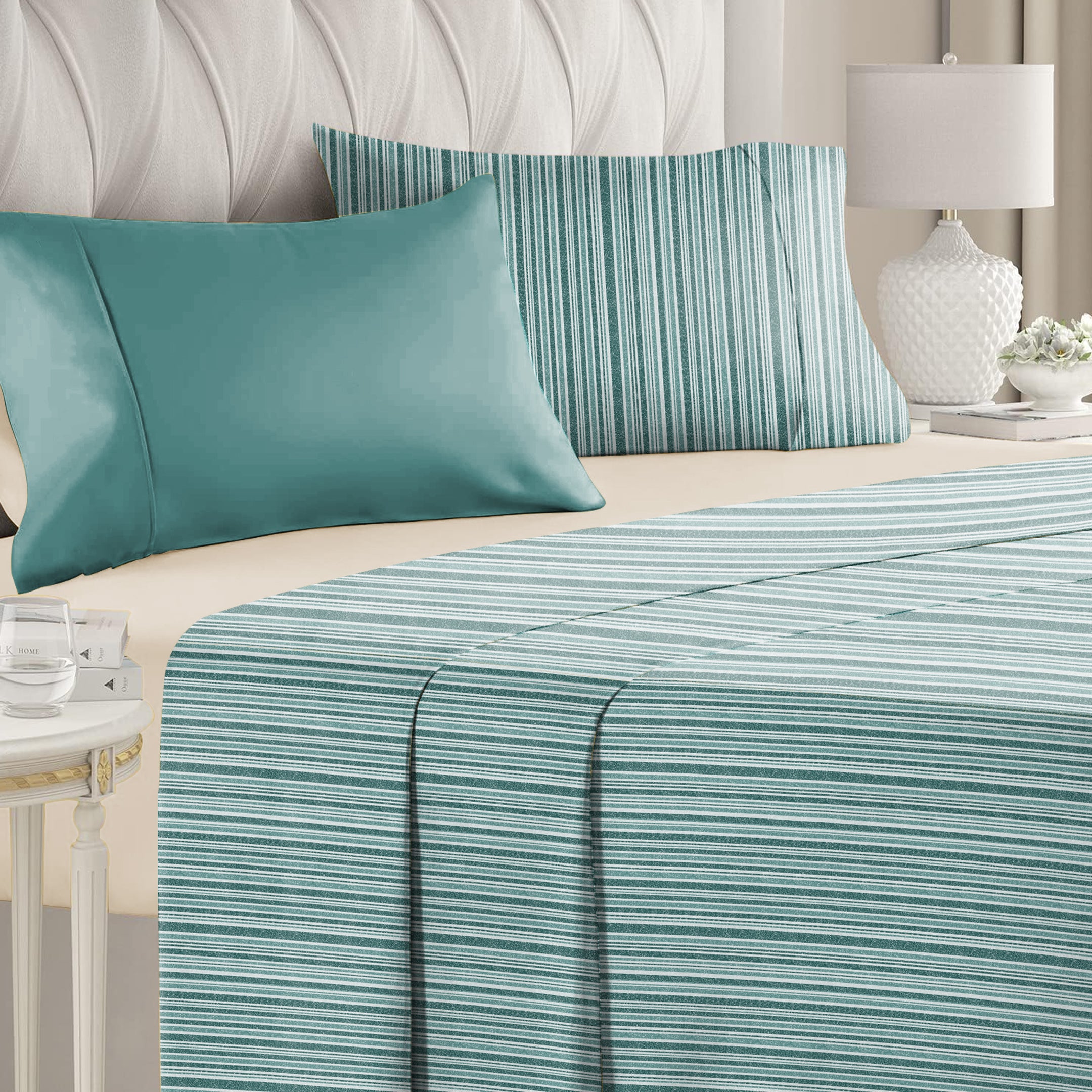 Jodhpur Stripe Bedsheet for Double Bed with 2 PillowCovers King Size (104" X 90") Teal