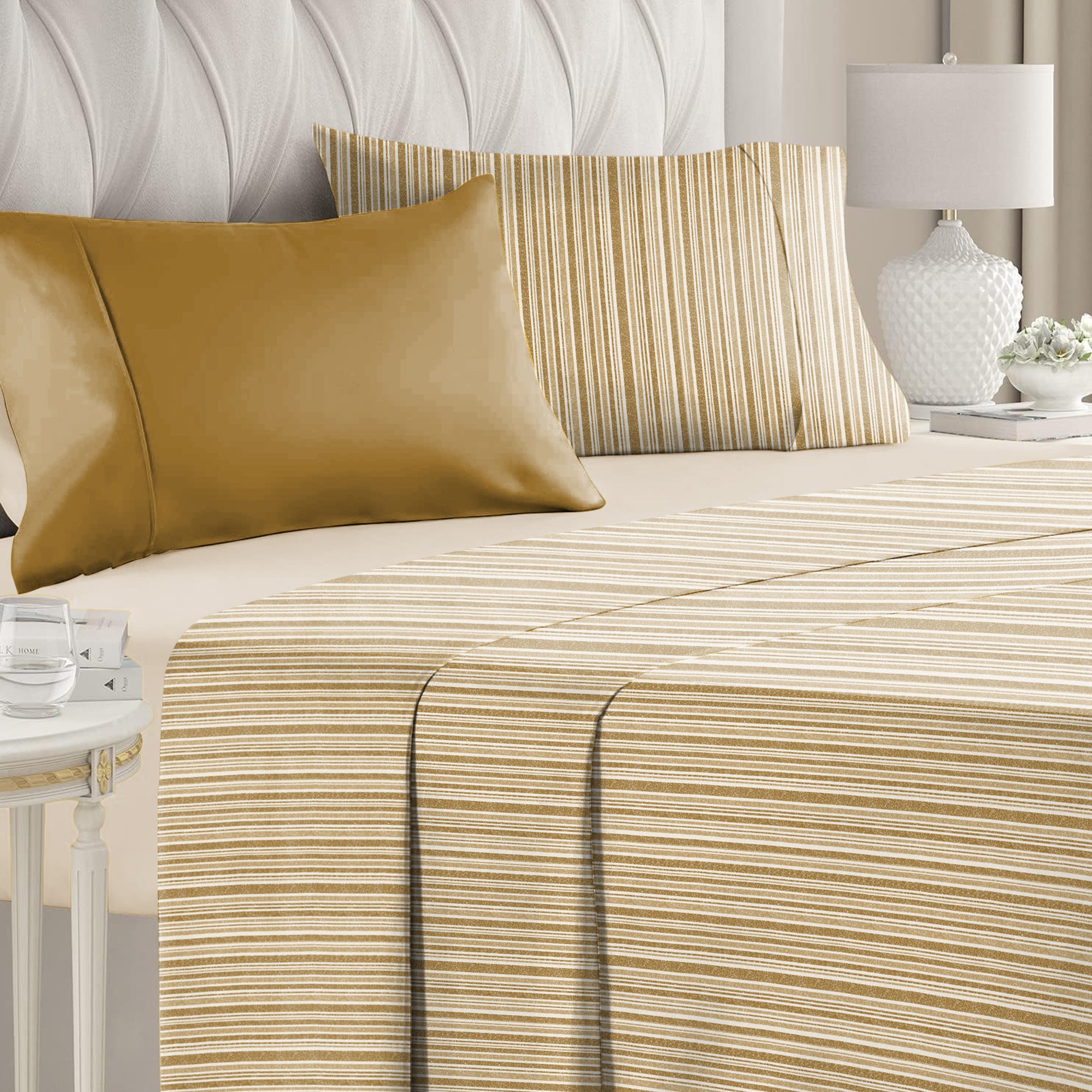 Jodhpur Stripe Bedsheet for Double Bed with 2 PillowCovers King Size (104" X 90") Camel
