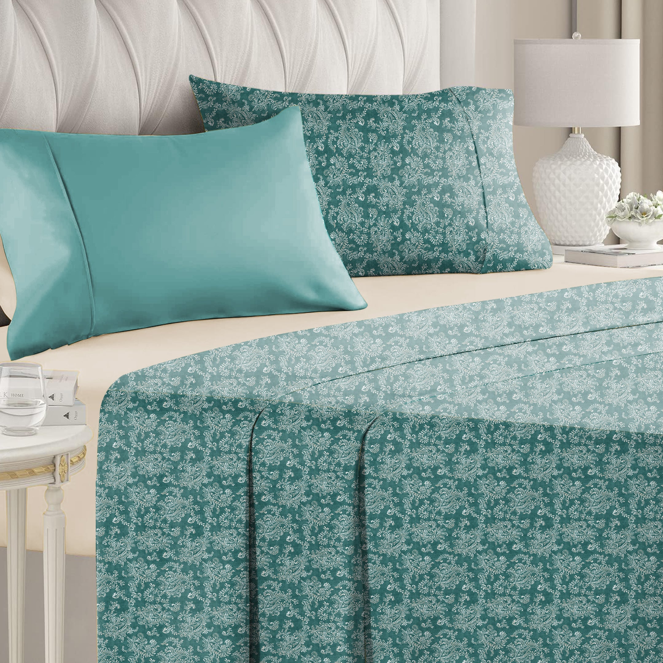 Jodhpur Flowers Bedsheet for Double Bed with 2 PillowCovers King Size (104" X 90") Teal