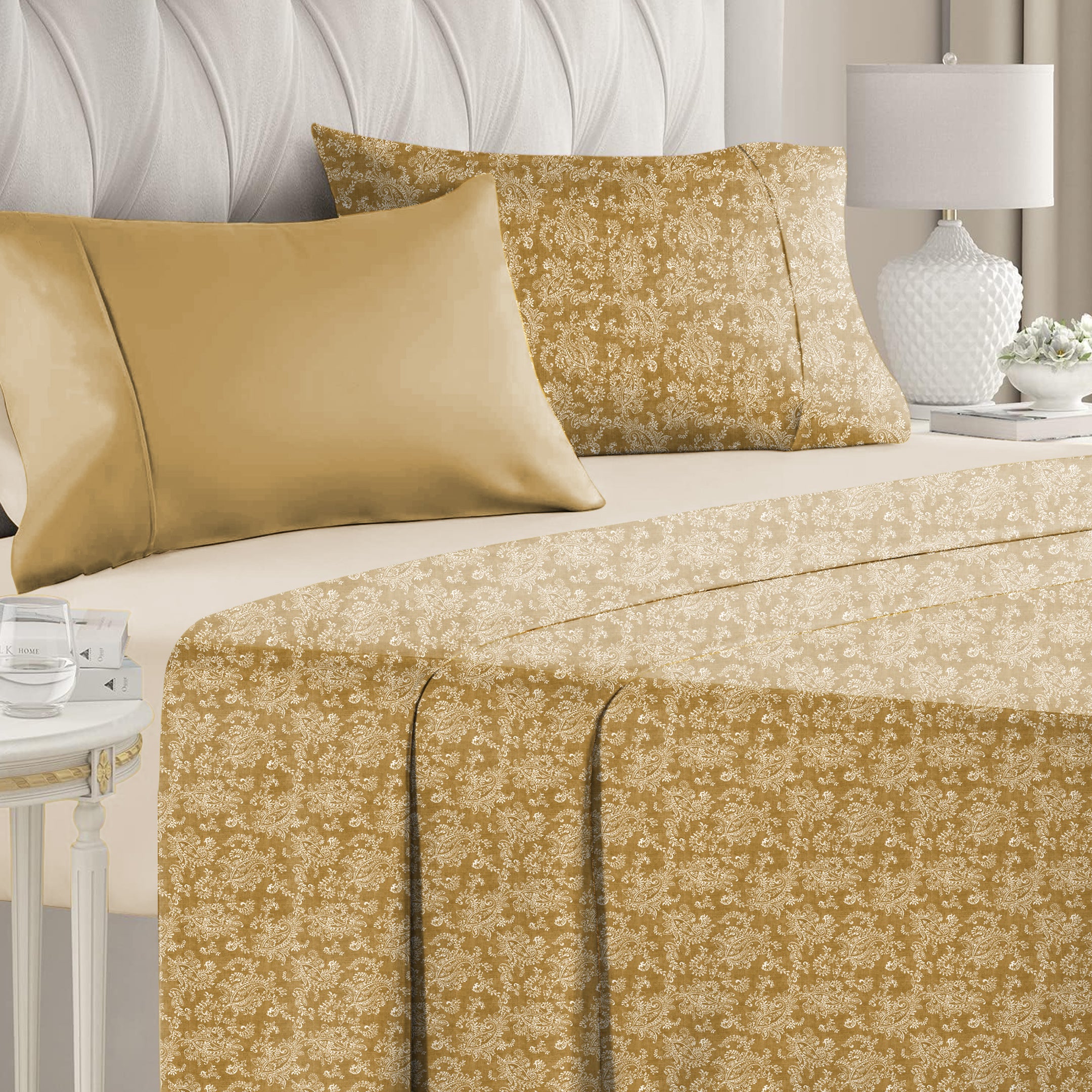 Jodhpur Flowers Bedsheet for Double Bed with 2 PillowCovers King Size (104" X 90") Camel