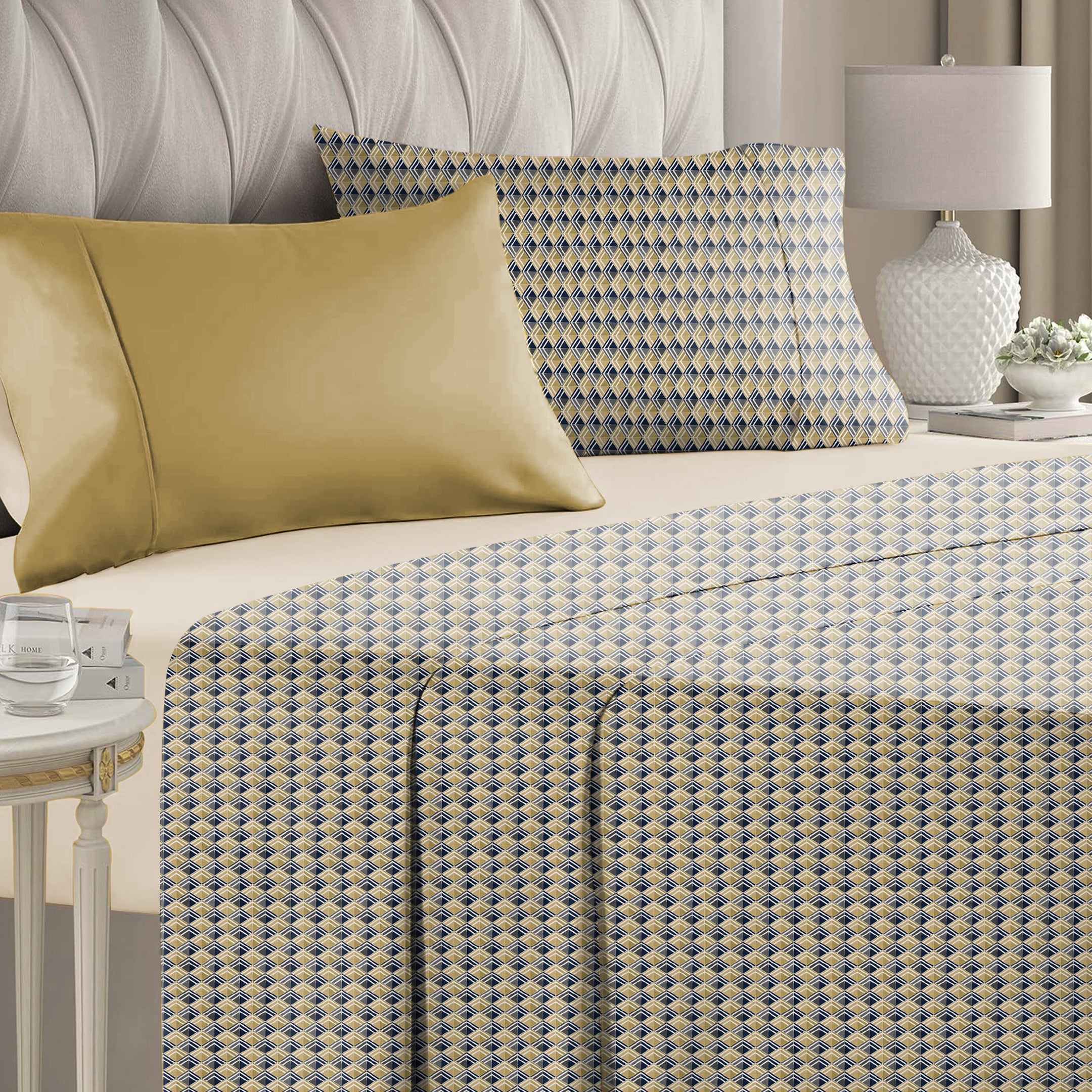 Illusion Multi Triangle Bedsheet for Double Bed with 2 PillowCovers King Size (104" X 90") Yellow/Black