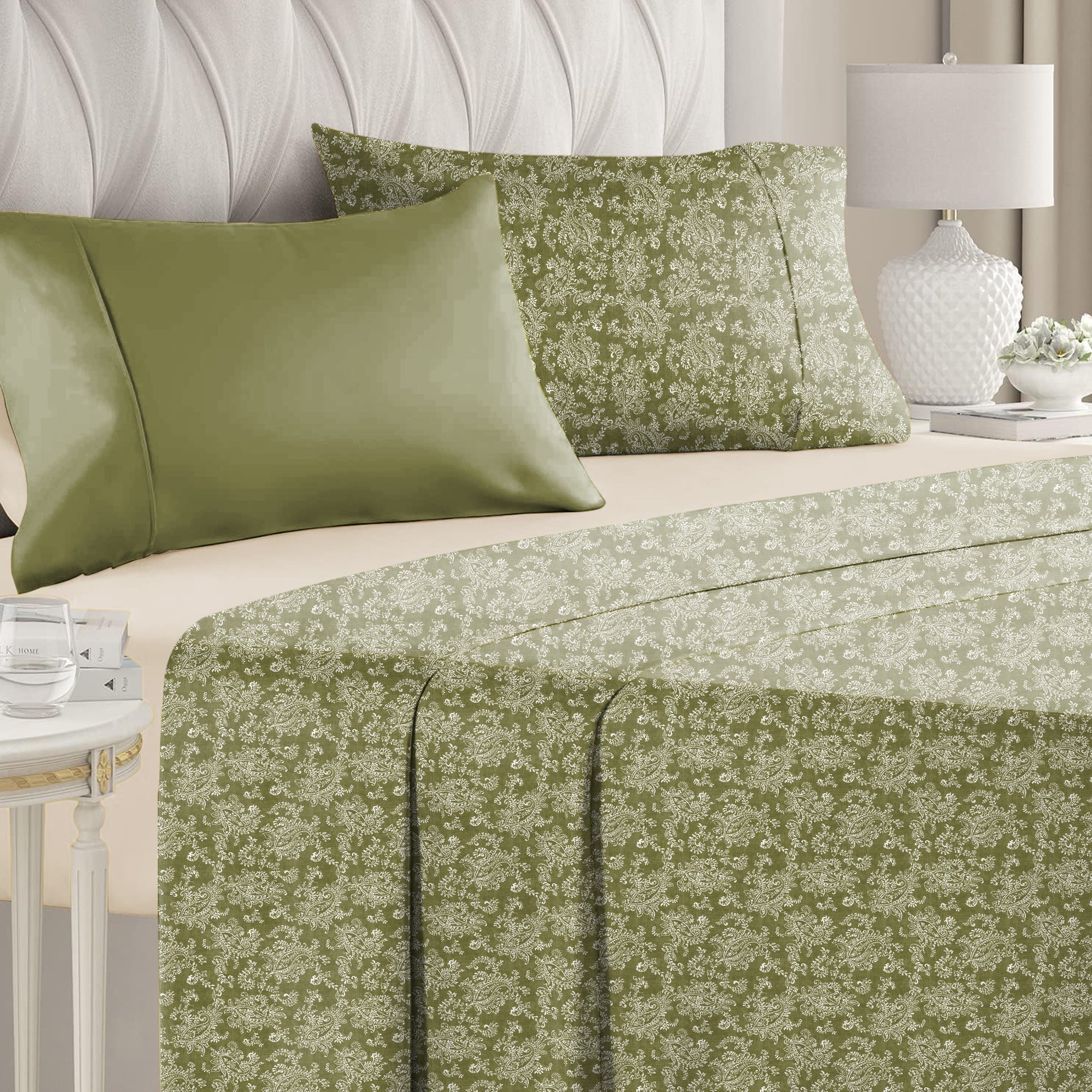 Jodhpur Flowers Bedsheet for Double Bed with 2 PillowCovers King Size (104" X 90") Olive