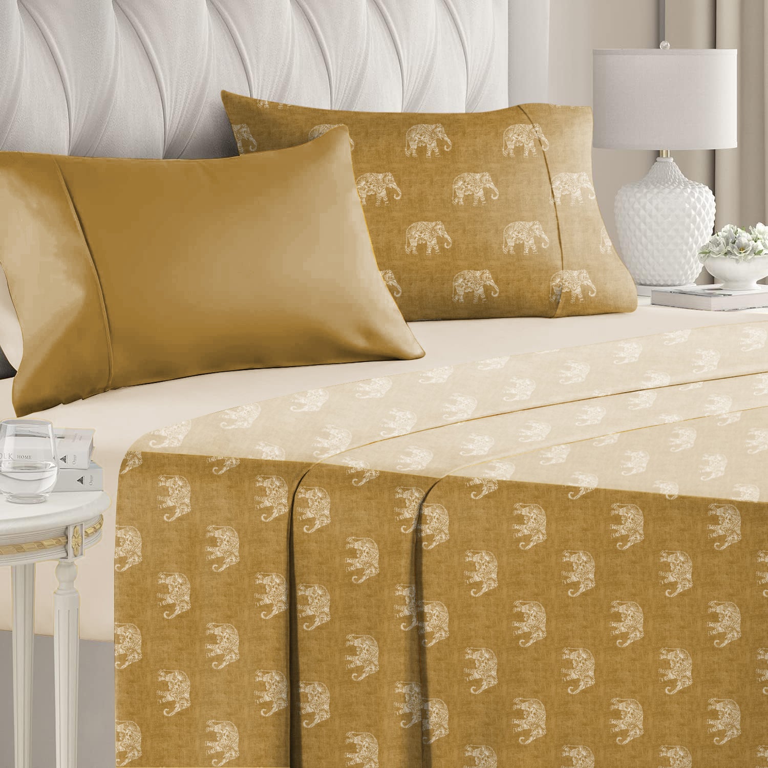 Jodhpur Elephant Bedsheet for Double Bed with 2 PillowCovers King Size (104" X 90") Camel