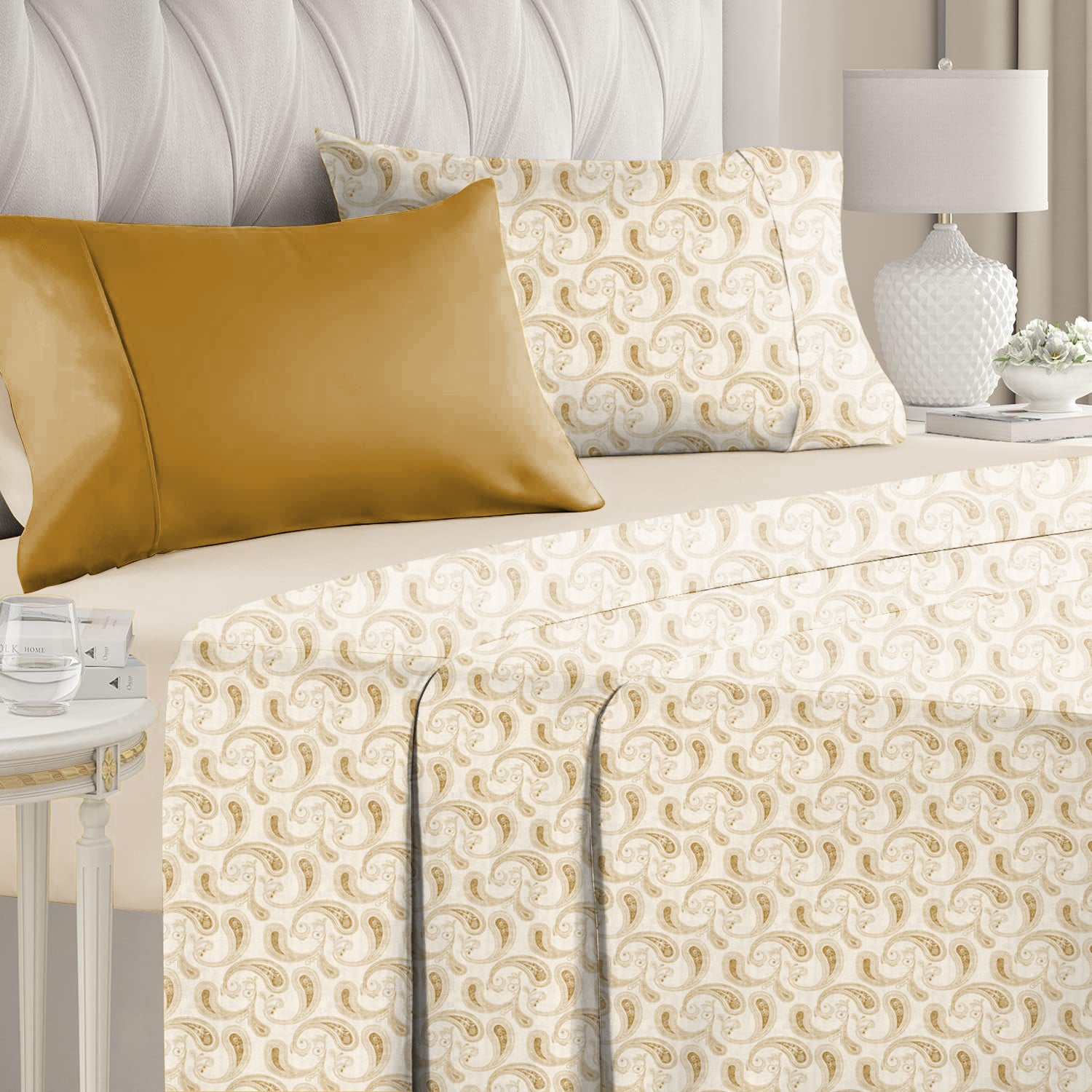 Jodhpur Paisley Bedsheet for Double Bed with 2 PillowCovers King Size (104" X 90") Yellow