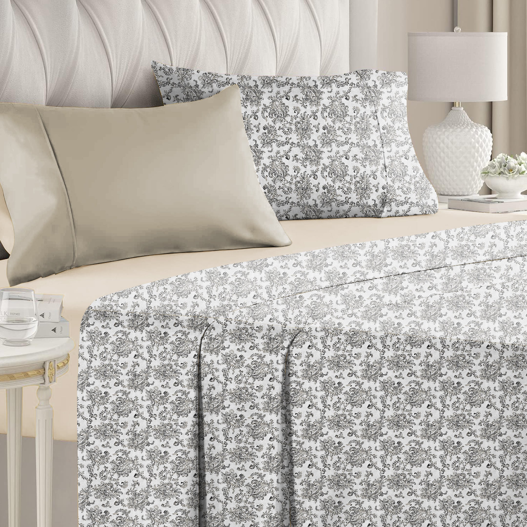 Jodhpur Flowers Bedsheet for Double Bed with 2 PillowCovers King Size (104" X 90") White And Black
