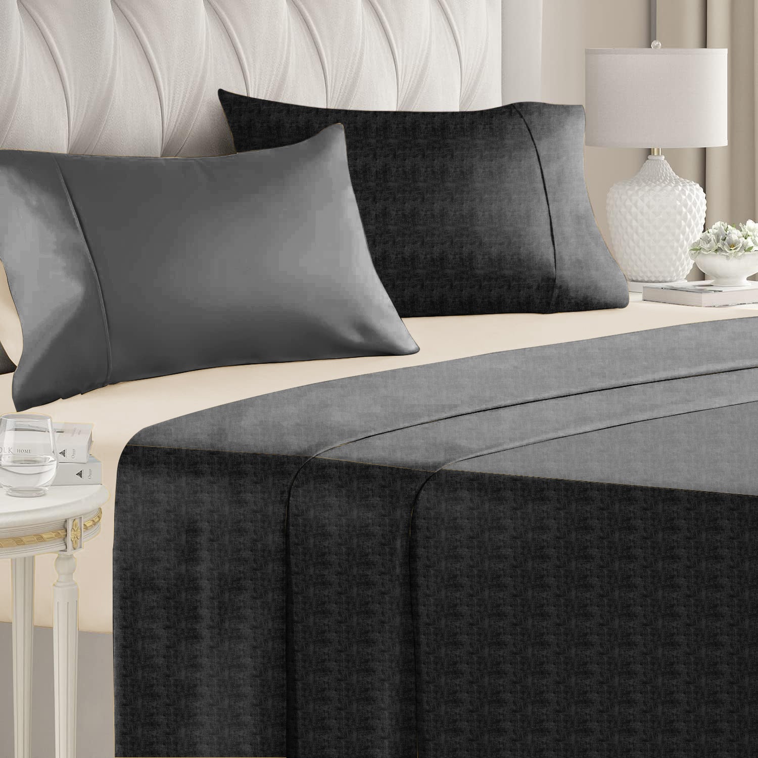 Jodhpur Texture Bedsheet for Double Bed with 2 PillowCovers King Size (104" X 90") Black