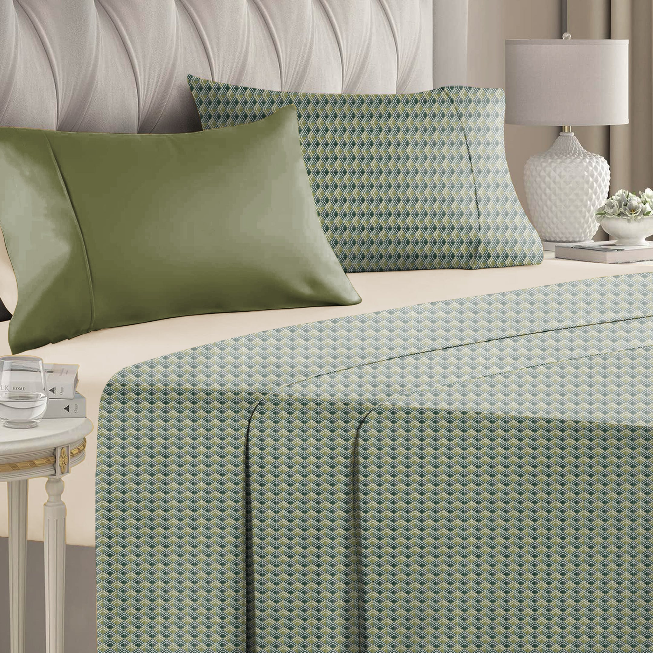 Illusion Multi Triangle Bedsheet for Double Bed with 2 PillowCovers King Size (104" X 90") Olive/Green
