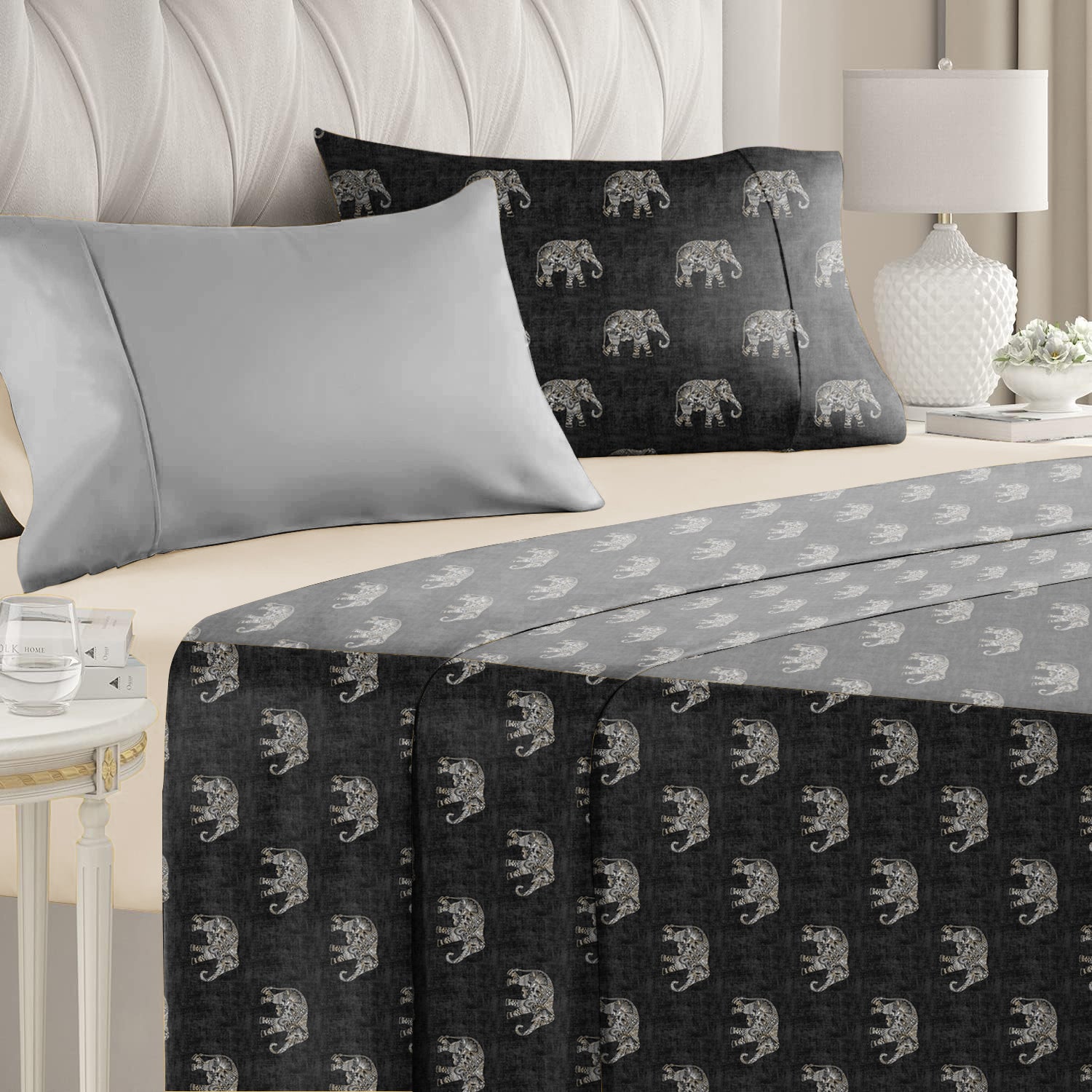 Jodhpur Elephant Bedsheet for Double Bed with 2 PillowCovers King Size (104" X 90") Black