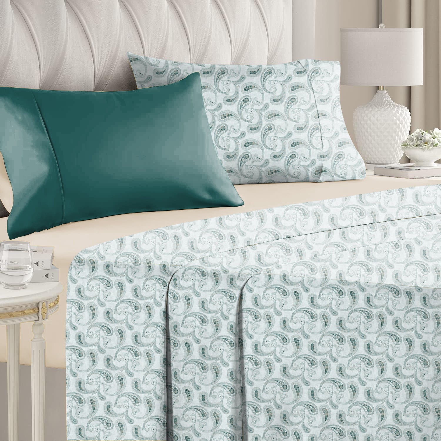 Jodhpur Paisley Bedsheet for Double Bed with 2 PillowCovers King Size (104" X 90") White/Blue