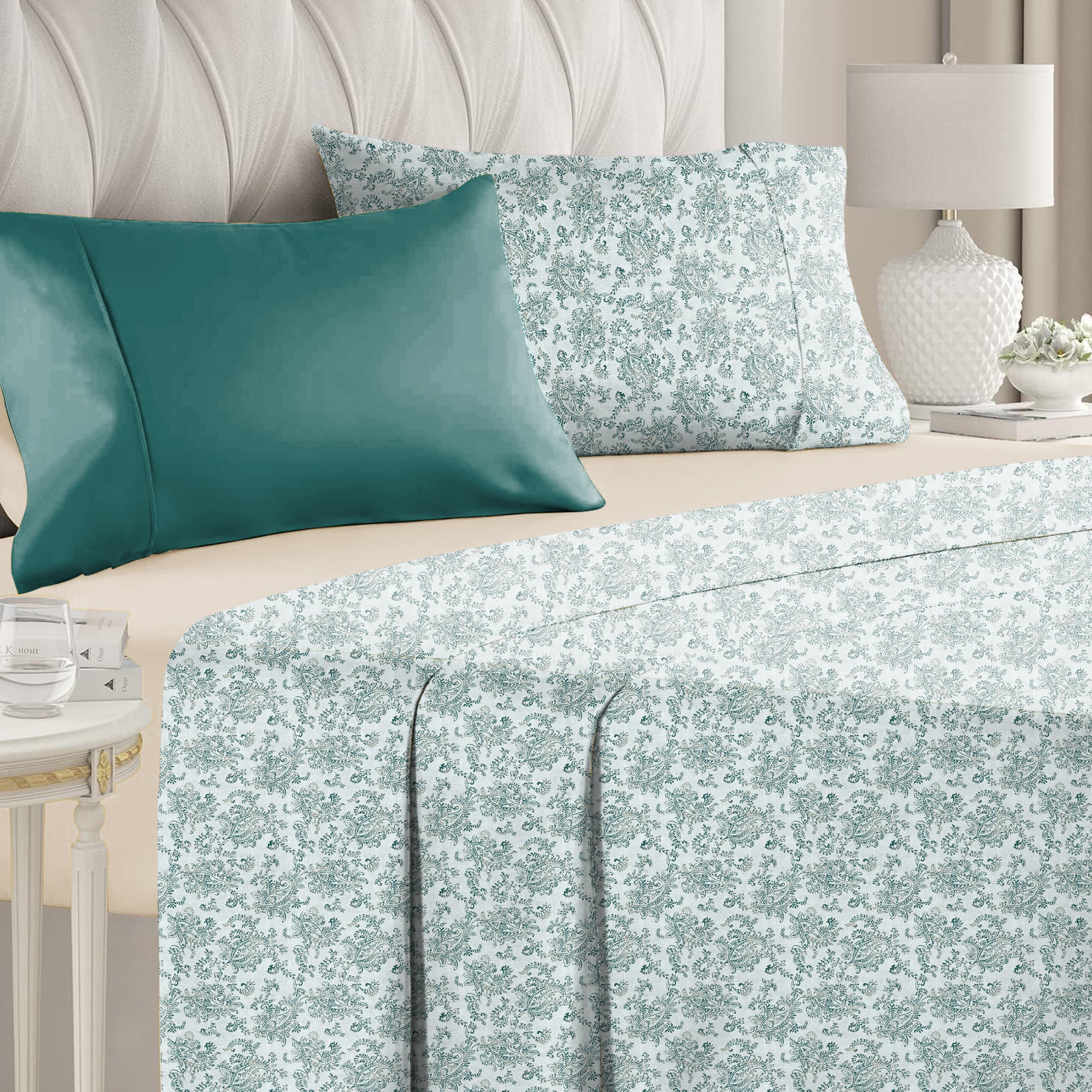 Jodhpur Flowers Bedsheet for Double Bed with 2 PillowCovers King Size (104" X 90") White And Teal