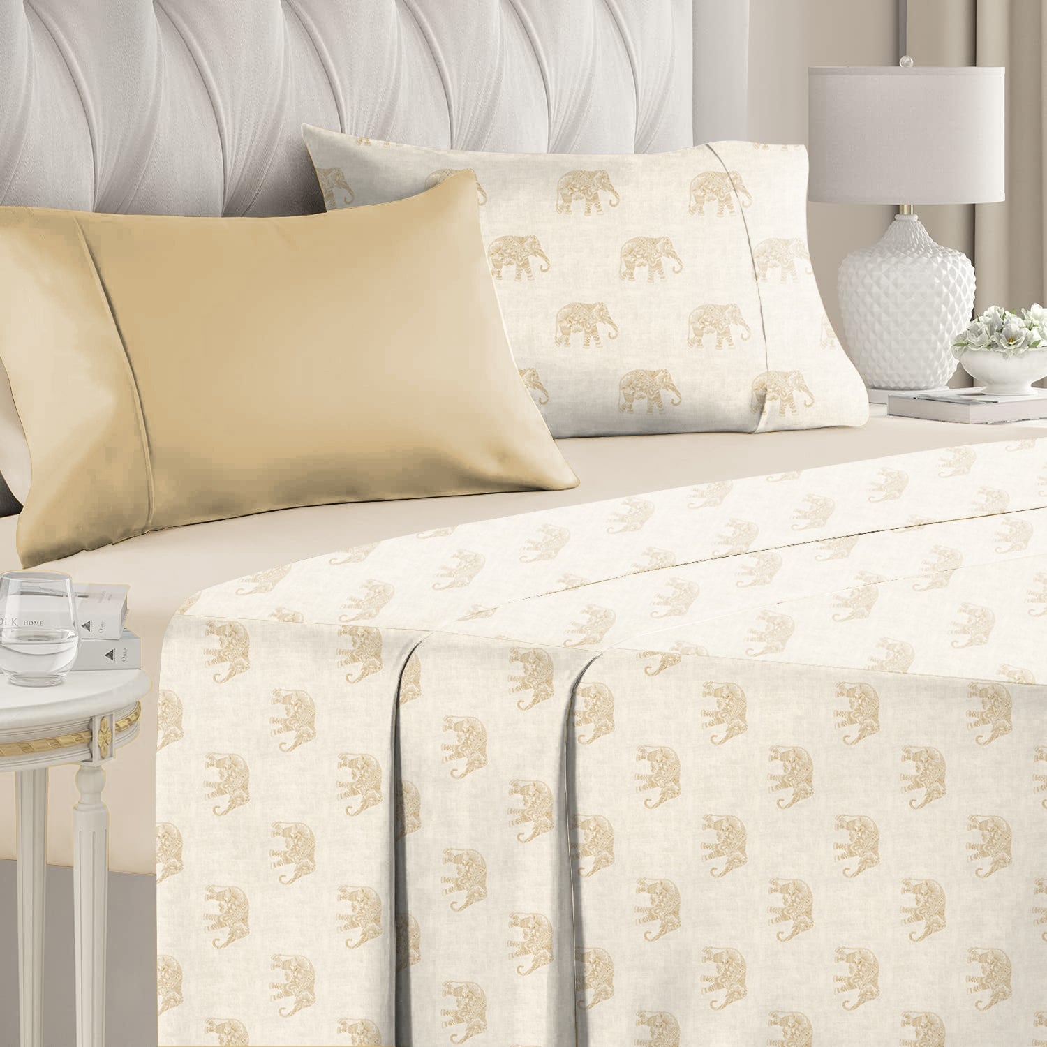 Jodhpur Elephant Bedsheet for Double Bed with 2 PillowCovers King Size (104" X 90") Biscuit