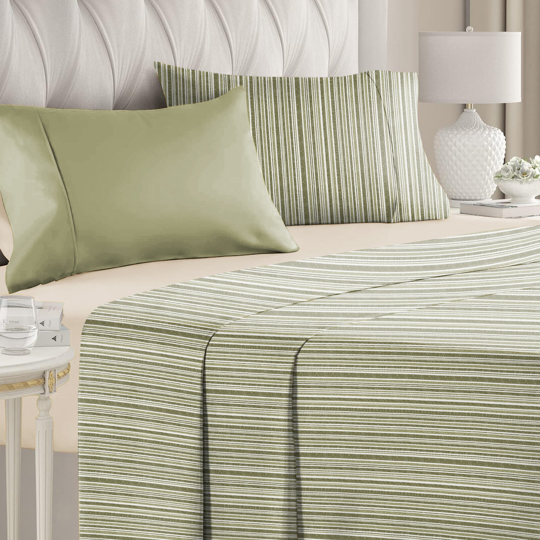 Jodhpur Stripe Bedsheet For Double Bed With 2 PillowCovers King Size (104" X 90") Olive