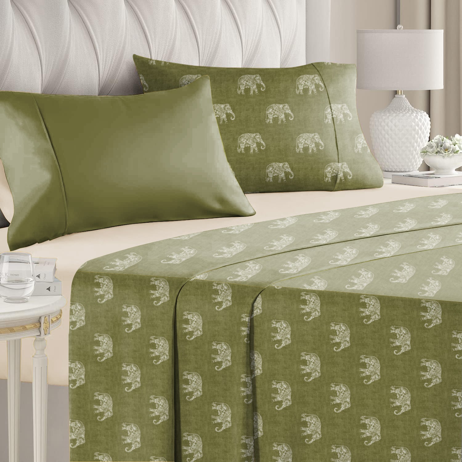 Jodhpur Elephant Bedsheet for Double Bed with 2 PillowCovers King Size (104" X 90") Olive