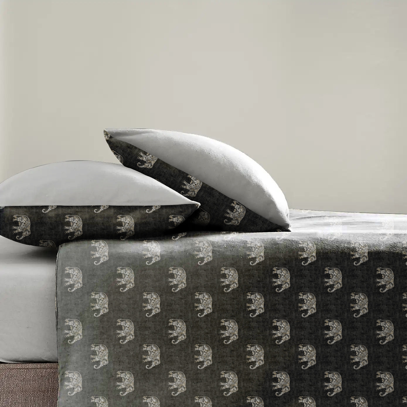 Jodhpur Elephant Bedsheet for Double Bed with 2 PillowCovers King Size (104" X 90") Black
