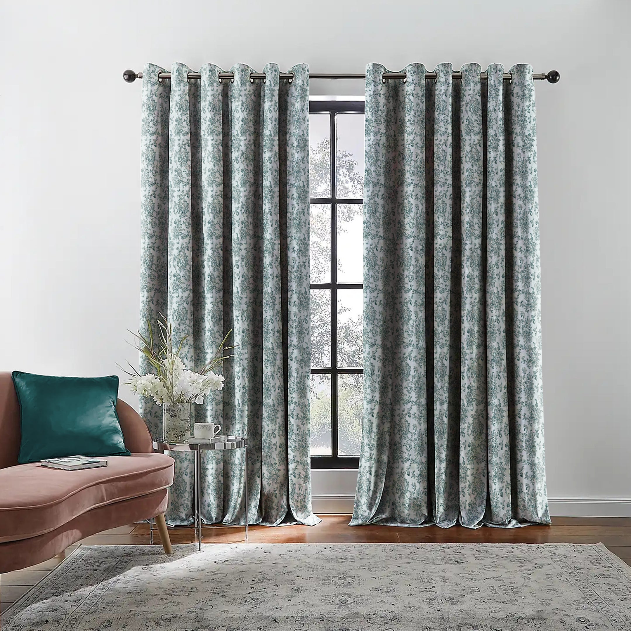 JODHPUR FLOWERS BLACKOUT CURTAIN WHITE AND TEAL