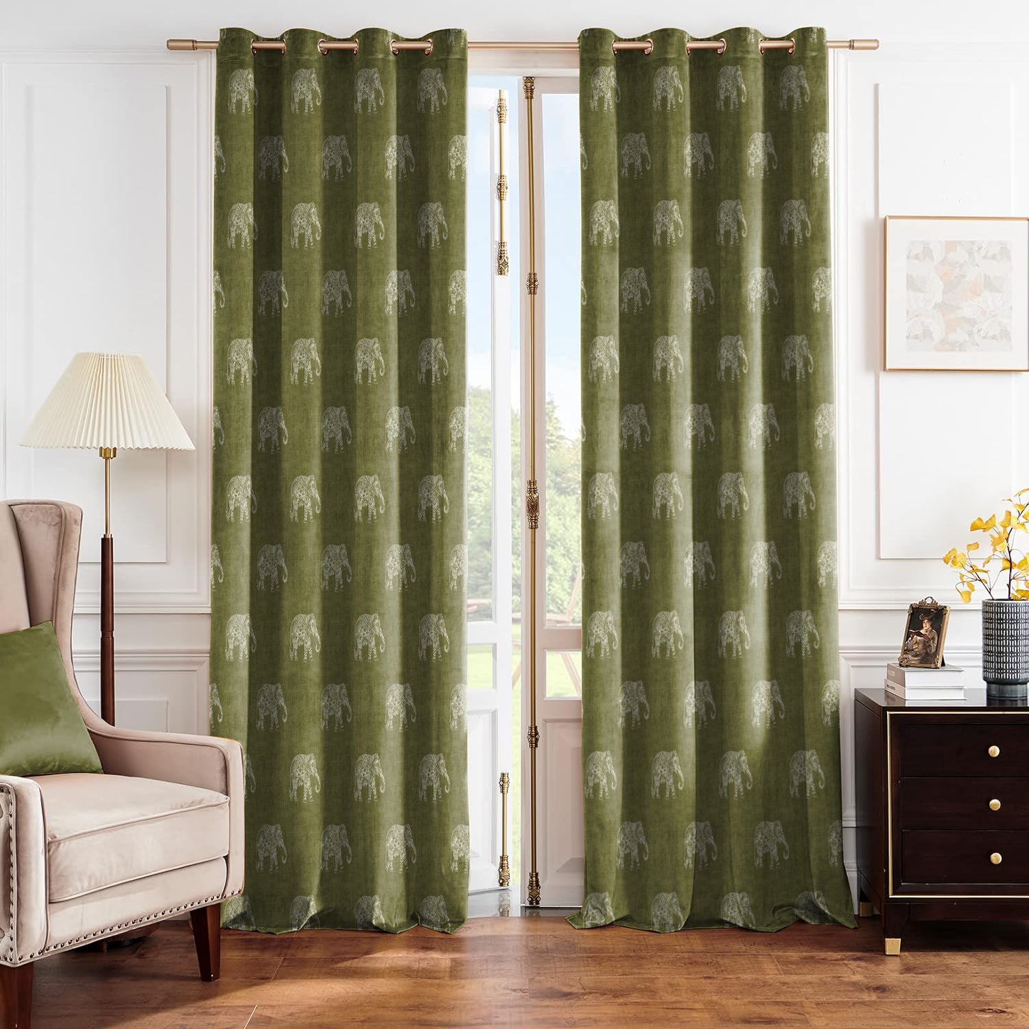 JODHPUR ELEPHANT ABBOT AQUA BLACKOUT CURTAINS OLIVE